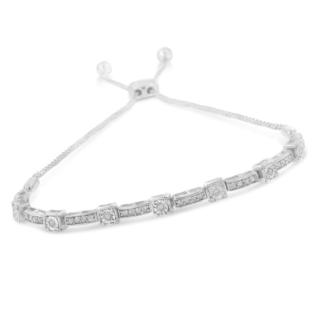 .925 Sterling Silver 1/4 Cttw Diamond 4â€-10â€ Adjustable Bolo Alternating Square and Rectangle Bolo Bracelet (I-J Color, I3 Clarity)