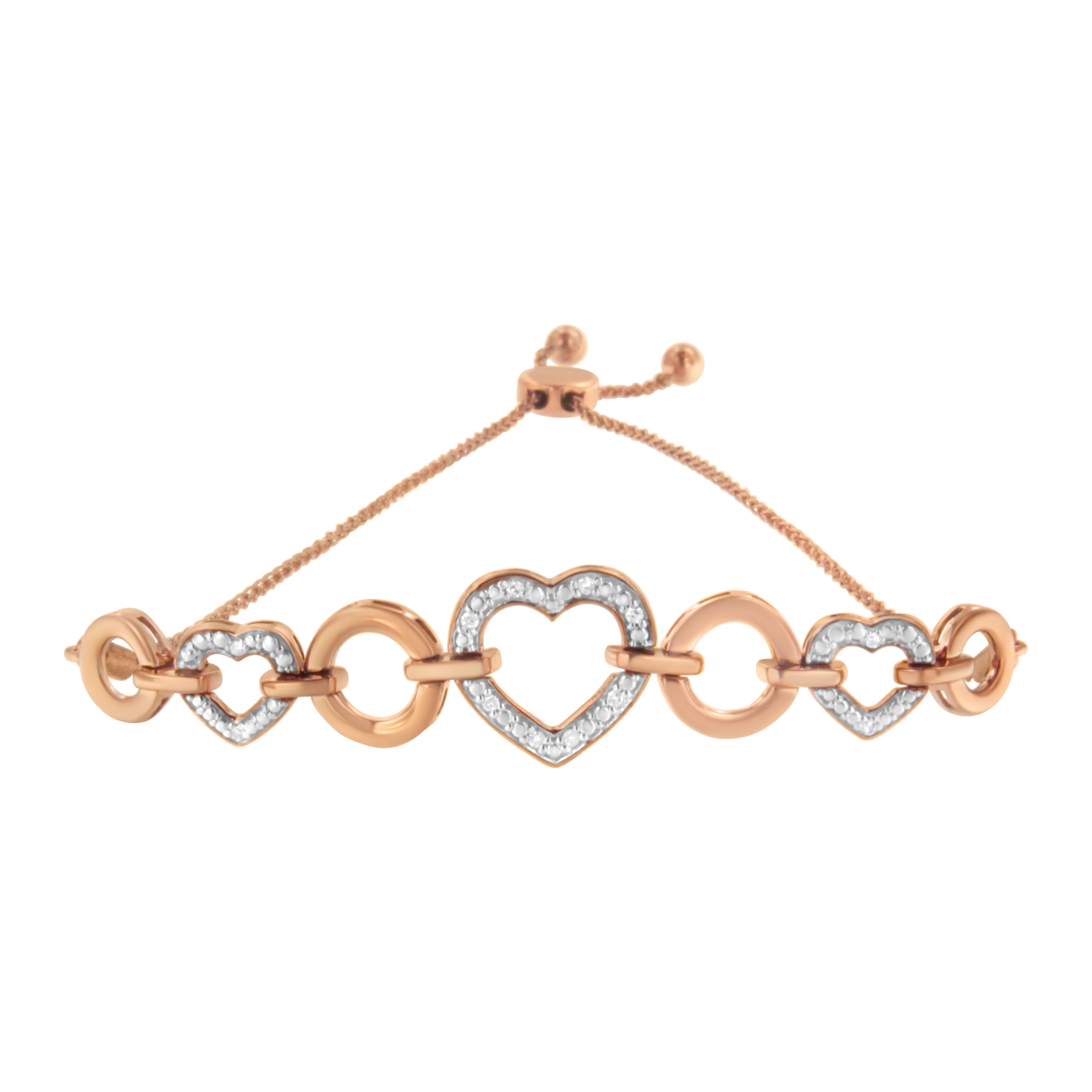 14K Rose Gold Plated .925 Sterling Silver Diamond Accent Circle and Heart Link Adjustable 6â€-10â€ Bolo Bracelet (I-J Color, I3 Clarity)