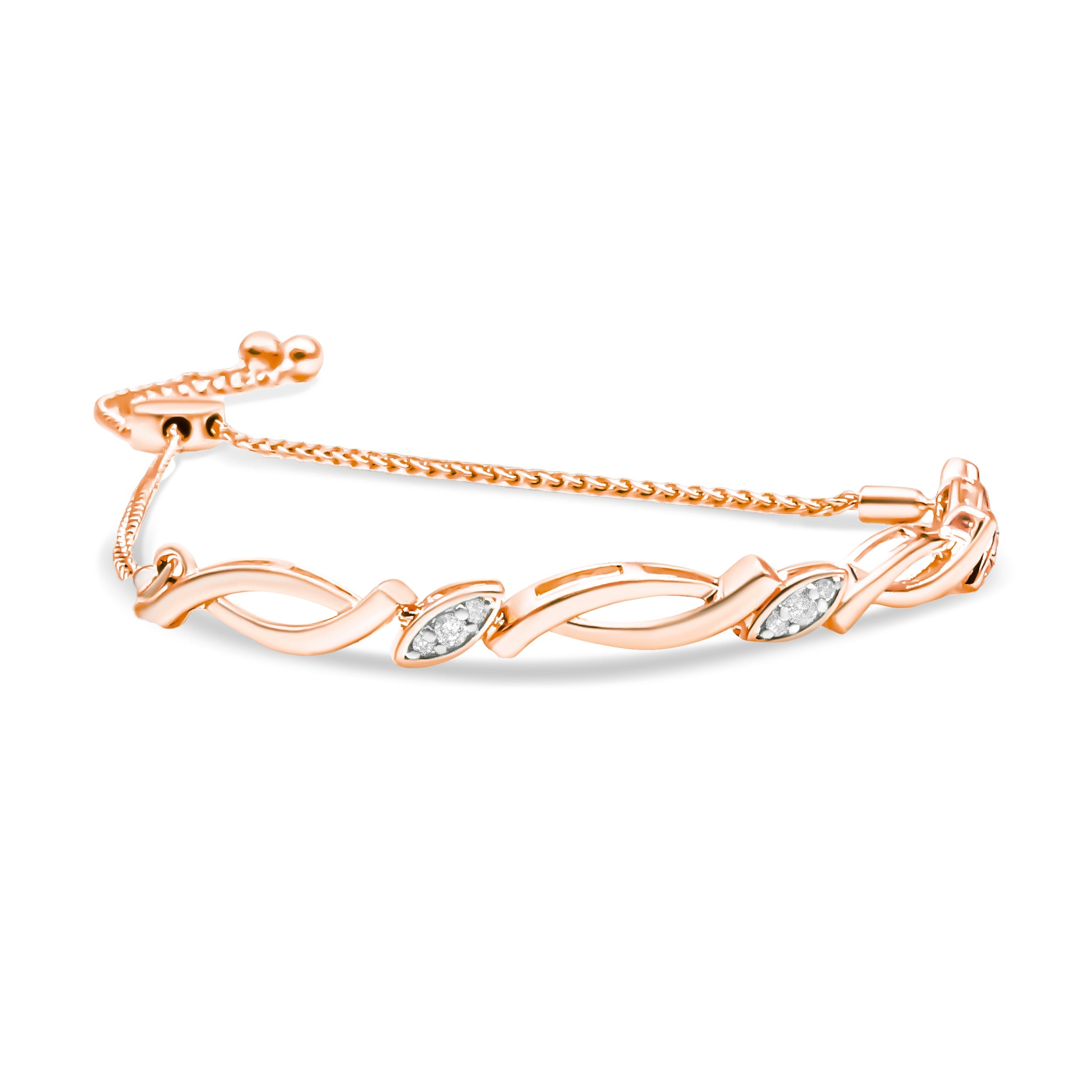 14K Rose Gold Plated .925 Sterling Silver 1/10 Cttw Diamond Alternating Swirl link Bolo Bracelet (I-J Color, I2-I3 Clarity) - 6" to 9" Adjustable