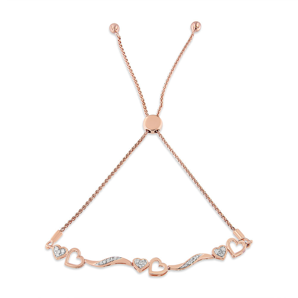 14K Rose Gold Plated .925 Sterling Silver 1/10 Cttw Diamond Wave and Hearts 4â€-10â€ Adjustable Bolo Bracelet (I-J Color, I3 Clarity)