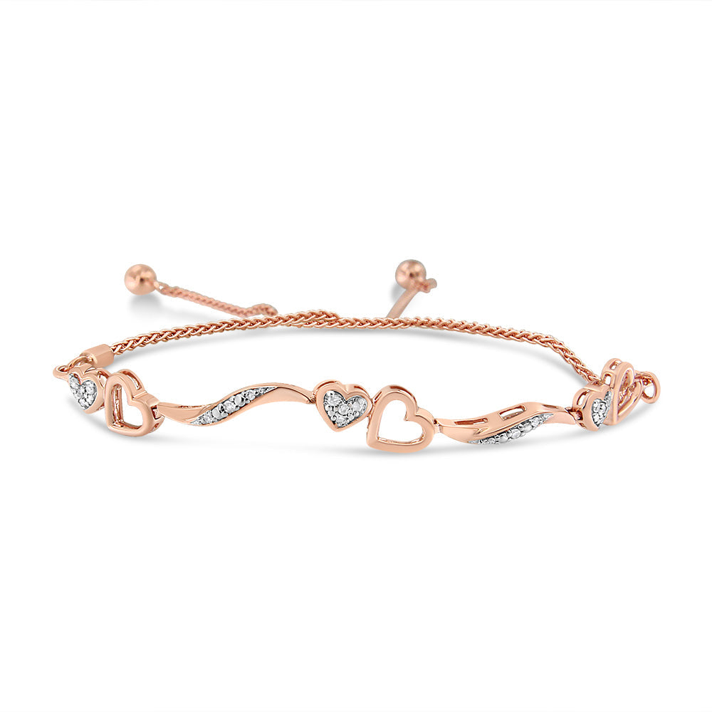 14K Rose Gold Plated .925 Sterling Silver 1/10 Cttw Diamond Wave and Hearts 4â€-10â€ Adjustable Bolo Bracelet (I-J Color, I3 Clarity)