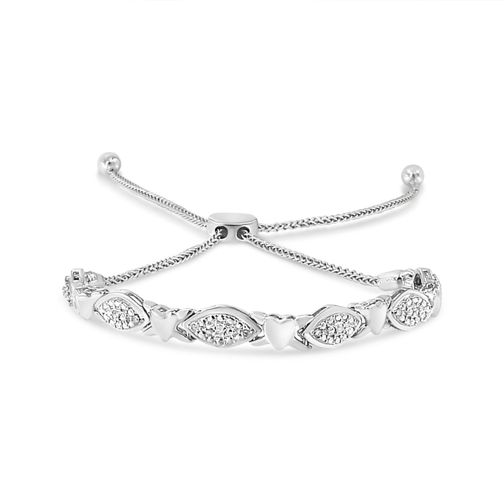 14K Yellow Gold Plated .925 Sterling Silver Diamond Accent Alternating Marquise Shape and Heart Links Bolo Bracelet (I-J Color, I3 Clarity) - Adjustable 6" to 9"