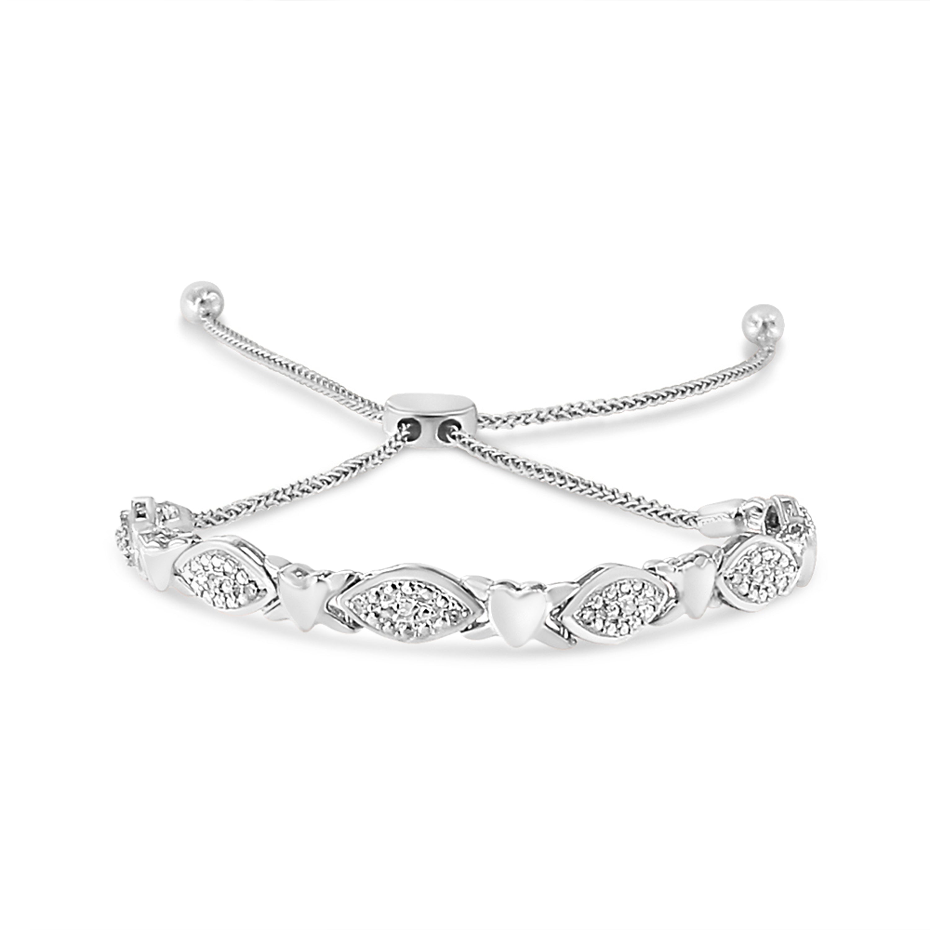 14K Yellow Gold Plated .925 Sterling Silver Diamond Accent Alternating Marquise Shape and Heart Links Bolo Bracelet (I-J Color, I3 Clarity) - Adjustable 6" to 9"