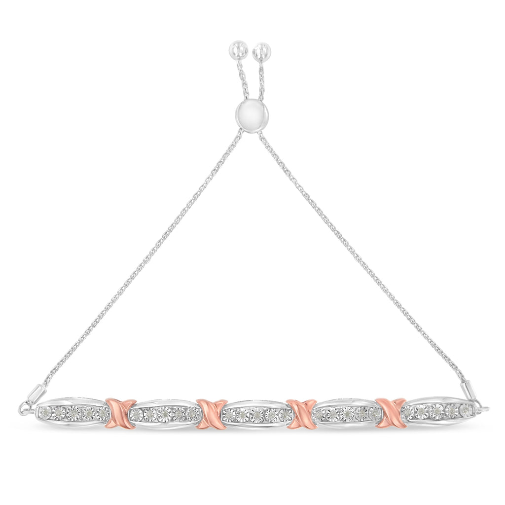 .925 Sterling Silver 1/4 Cttw Round-Cut Diamond X & Tapered Bar Miracle-Set Bolo Bracelet (I-J Color, I3 Clarity) - Two Tone Rose Gold & Silver