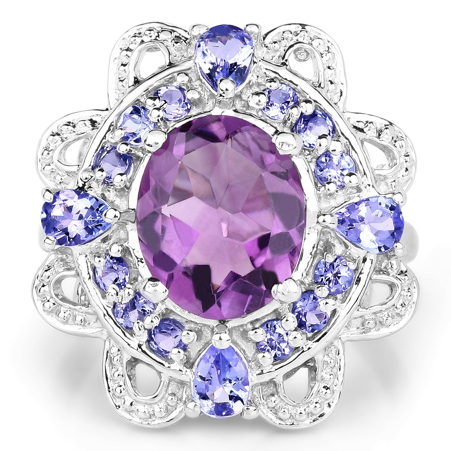 3.13 Carat Genuine Amethyst and Tanzanite .925 Sterling Silver Ring
