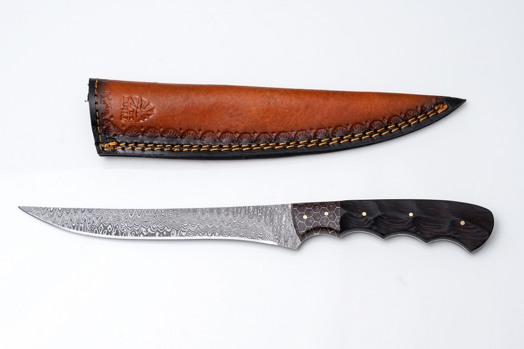 Titan International Knives Damascus Steel Fillet Knife — Blade with Honeycomb & Dark Wood Hybrid Handle — Fishing & Boning Tool TK-446