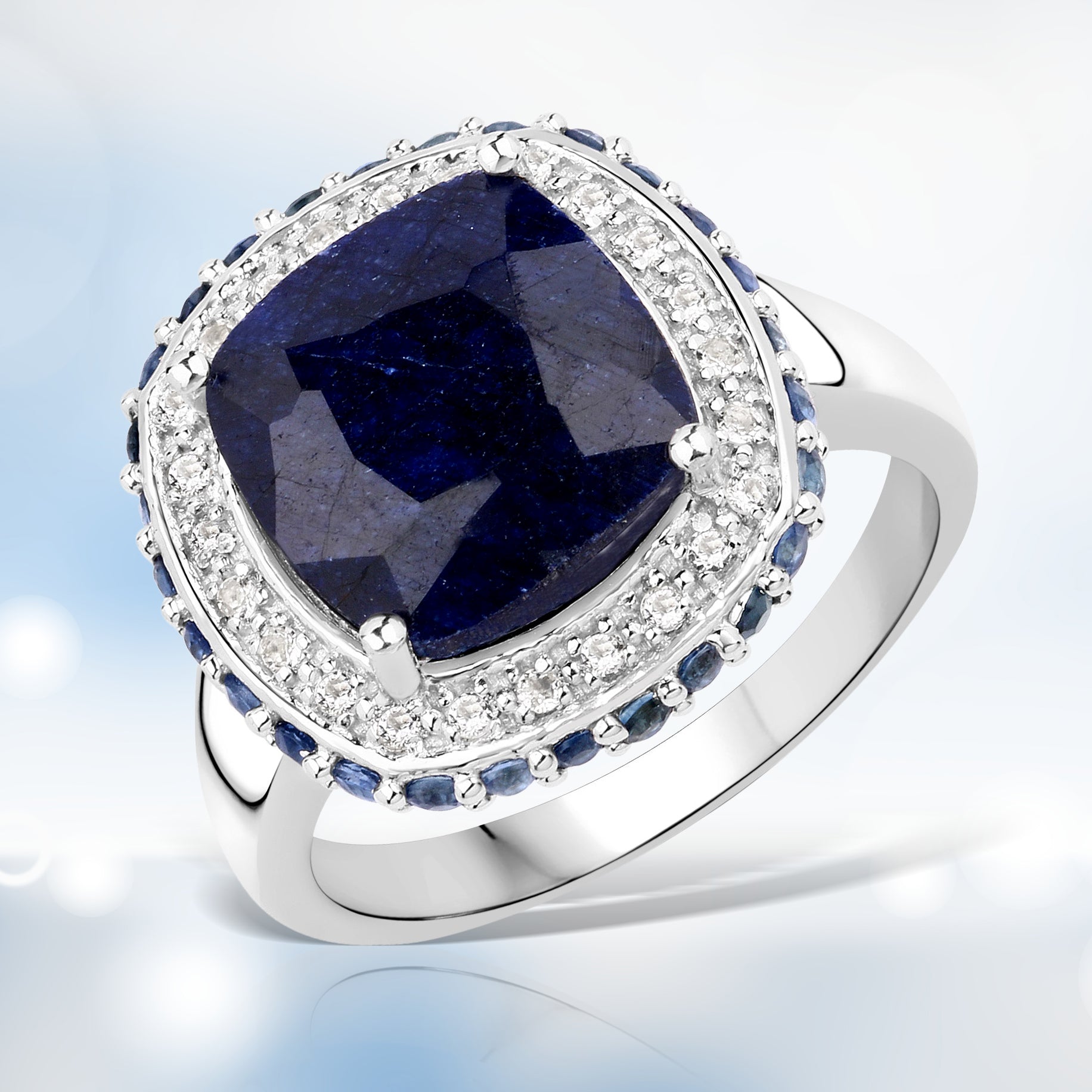 6.46 Carat Dyed Sapphire, Blue Sapphire and White Topaz .925 Sterling Silver Ring