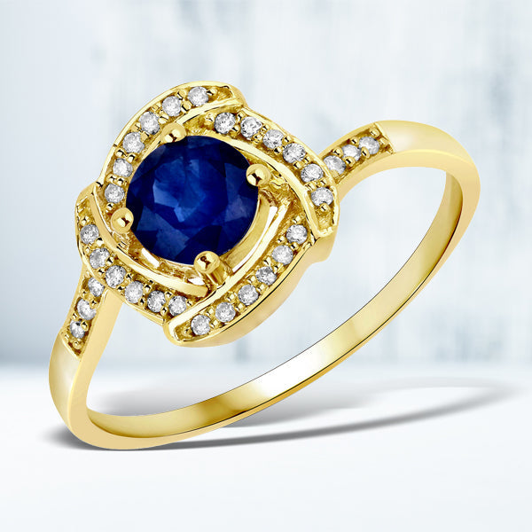 0.73 Carat Genuine Blue Sapphire and White Diamond 14K Yellow Gold Ring