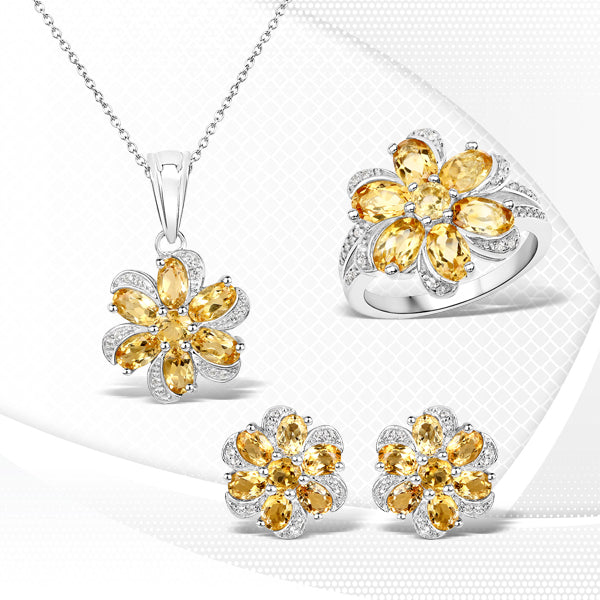 7.92 Carat Genuine Citrine and White Topaz .925 Sterling Silver 3 Piece Jewelry Set (Ring, Earrings, and Pendant w/ Chain)