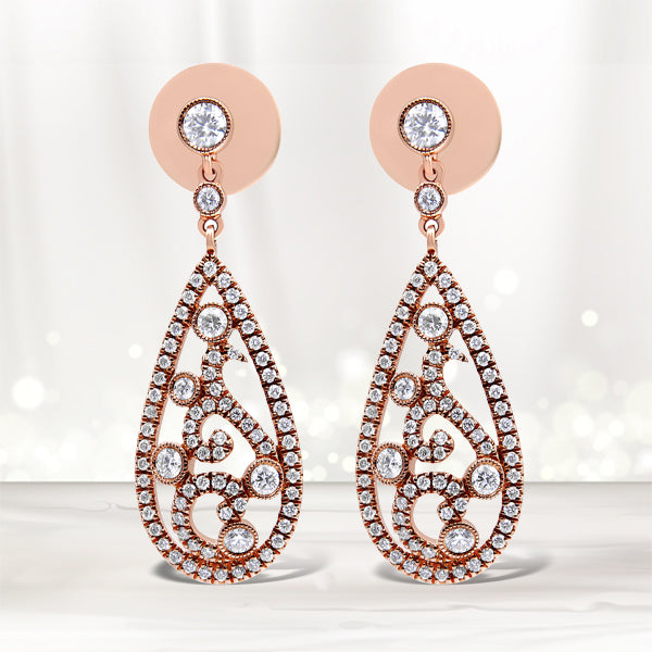 18K Rose Gold 1 1/4 Cttw Diamond Teardrop Shaped Drop and Dangle Screw Back Stud Earring (F-G Color, VS1-VS2 Clarity)
