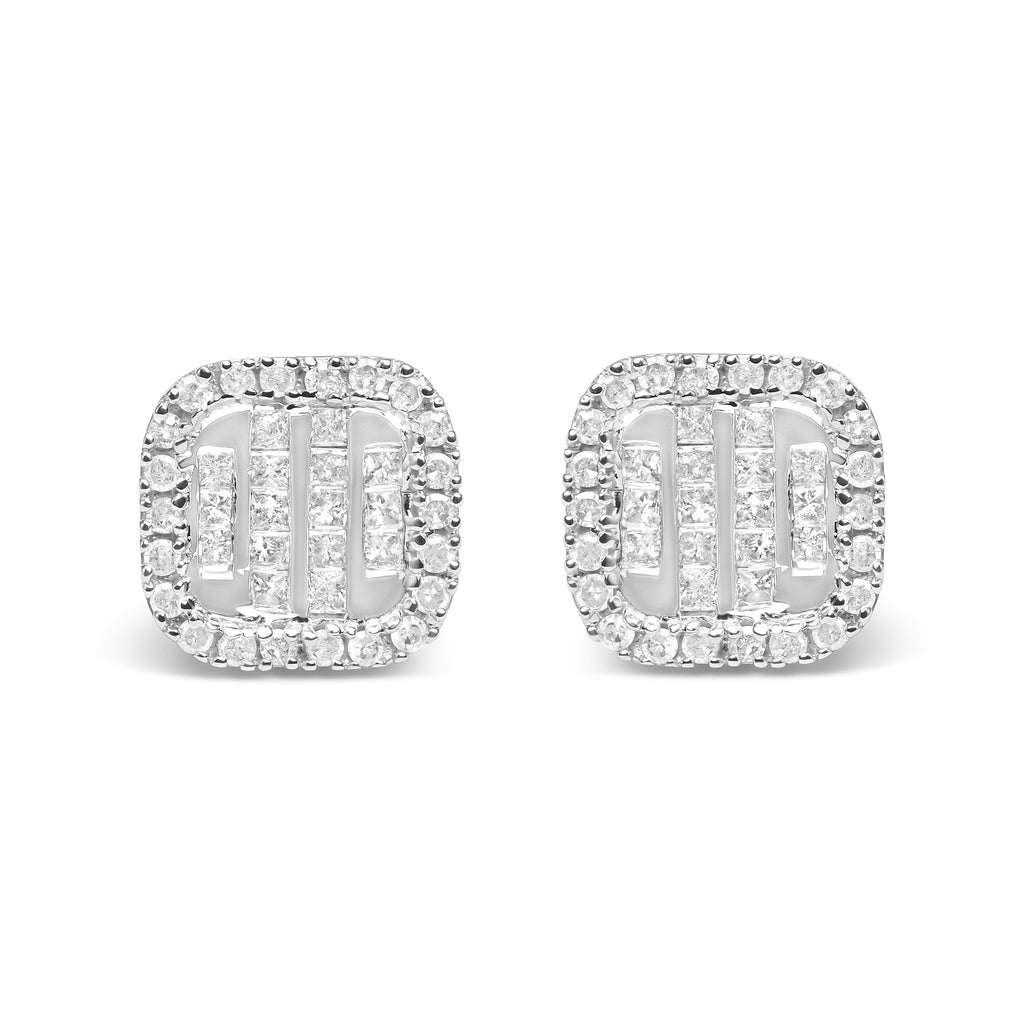 10K White Gold 7/8 Cttw Diamond Princess Composite and Halo Stud Earrings (I-J Color, I1-I2 Clarity)