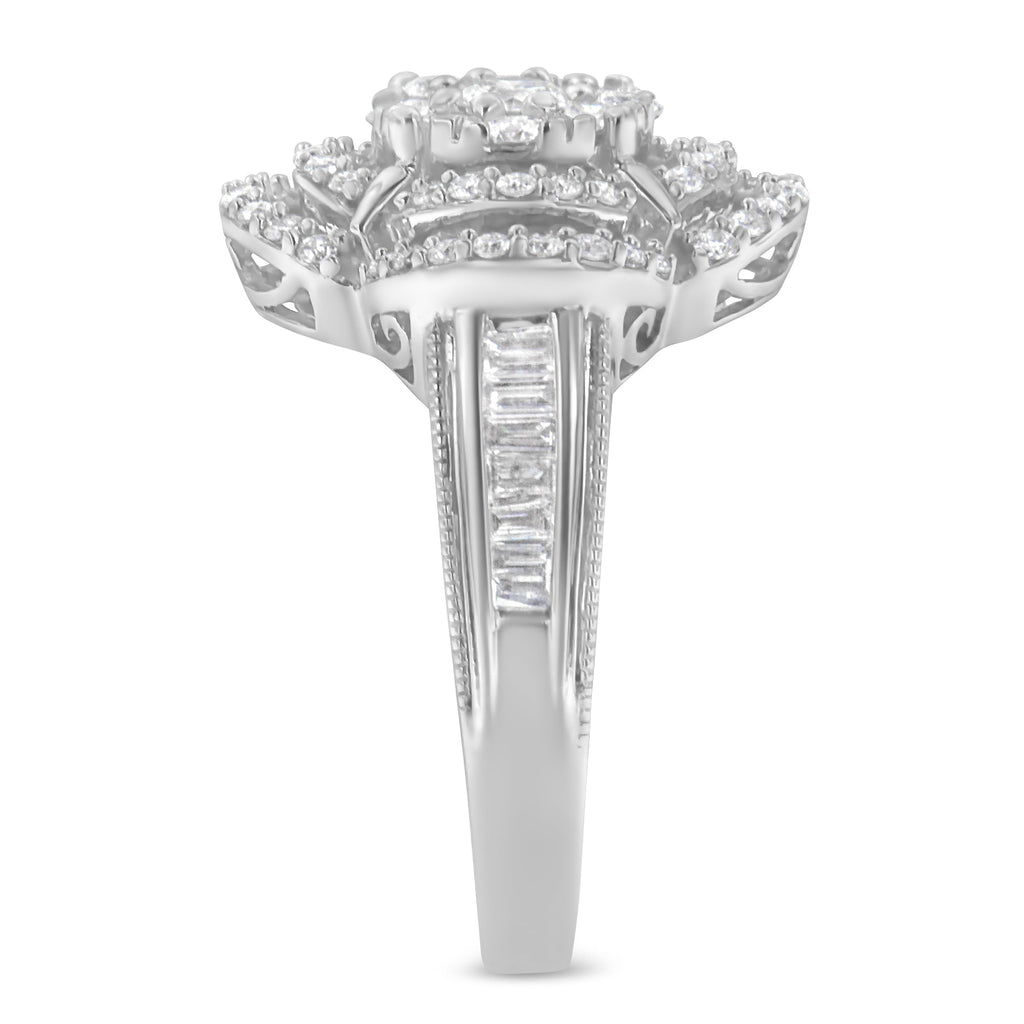 14K White Gold 1.0 Cttw Round & Baguette Cut Diamond Floral Cluster Quatrefoil Channel Set Band Cocktail Statement Ring (H-I Color, SI2-I1 Clarity) - Size 6-3/4