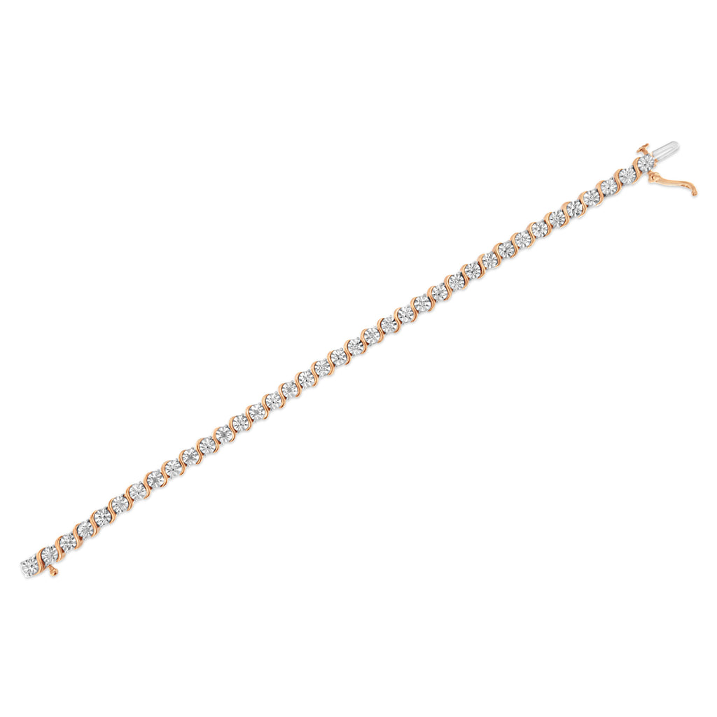 14K Rose Gold Plated .925 Sterling Silver 1/10 Cttw Diamond Round Miracle Plate and "S" Link Tennis Bracelet (I-J Color, I2- I3 Clarity) - 7"