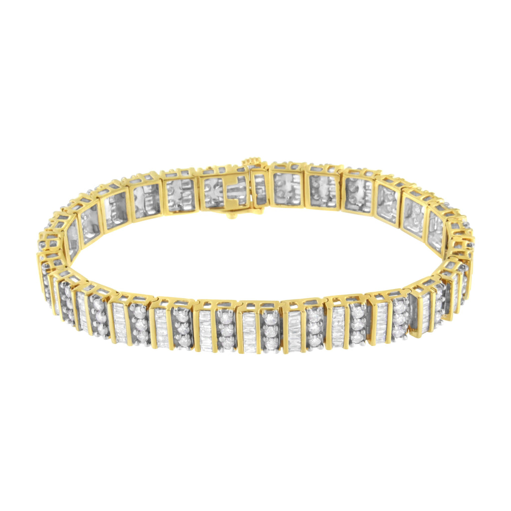 14K Yellow Gold 5.50 Cttw Round and Baguette Diamond Link Bracelet