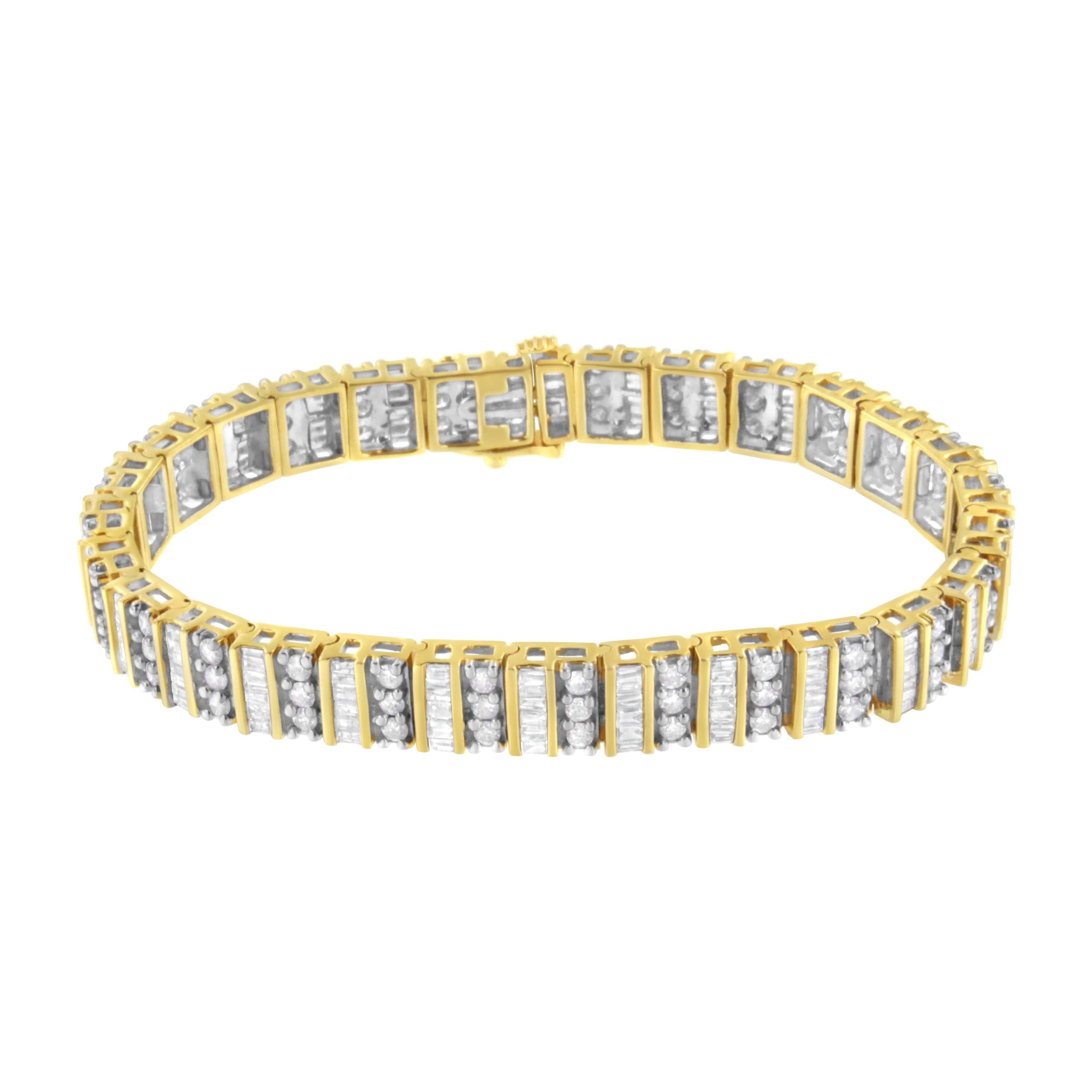 14K Yellow Gold 5.50 Cttw Round and Baguette Diamond Link Bracelet