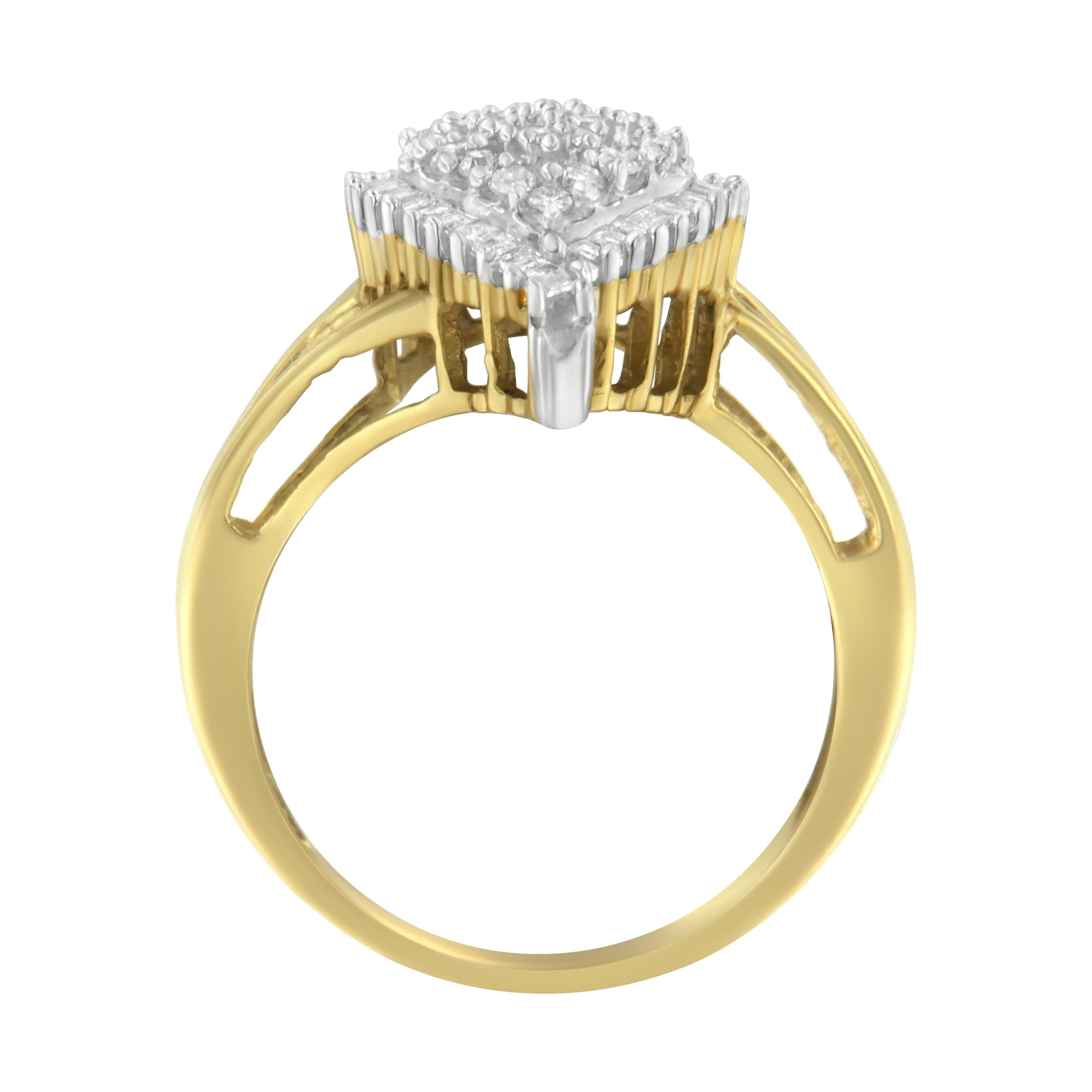 14K Yellow and White Gold 1.00 Cttw Round and Baguette-Cut Diamond Ballerina Cocktail Ring (H-I Color, SI2-I1 Clarity)