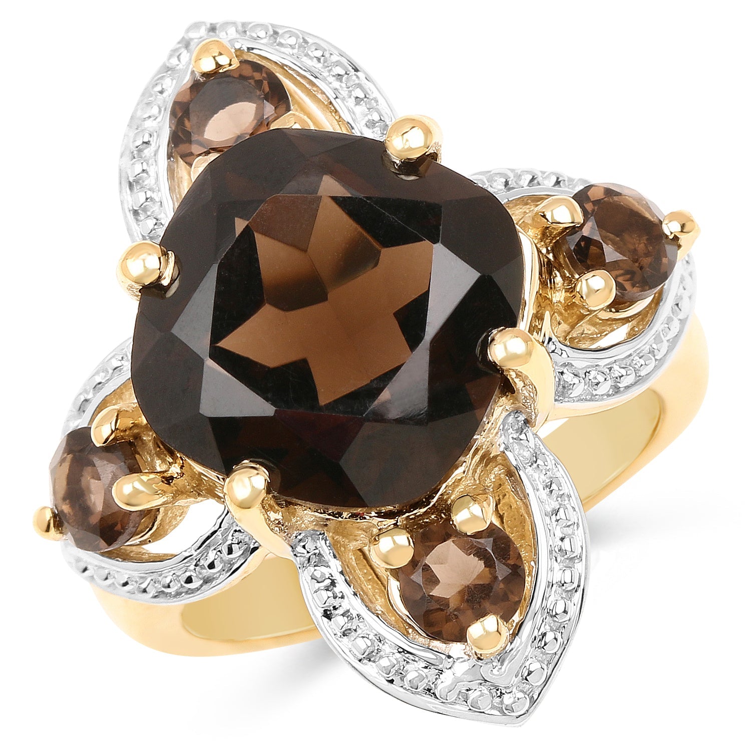 14K Yellow Gold Plated 5.92 Carat Genuine Smoky Quartz .925 Sterling Silver Ring