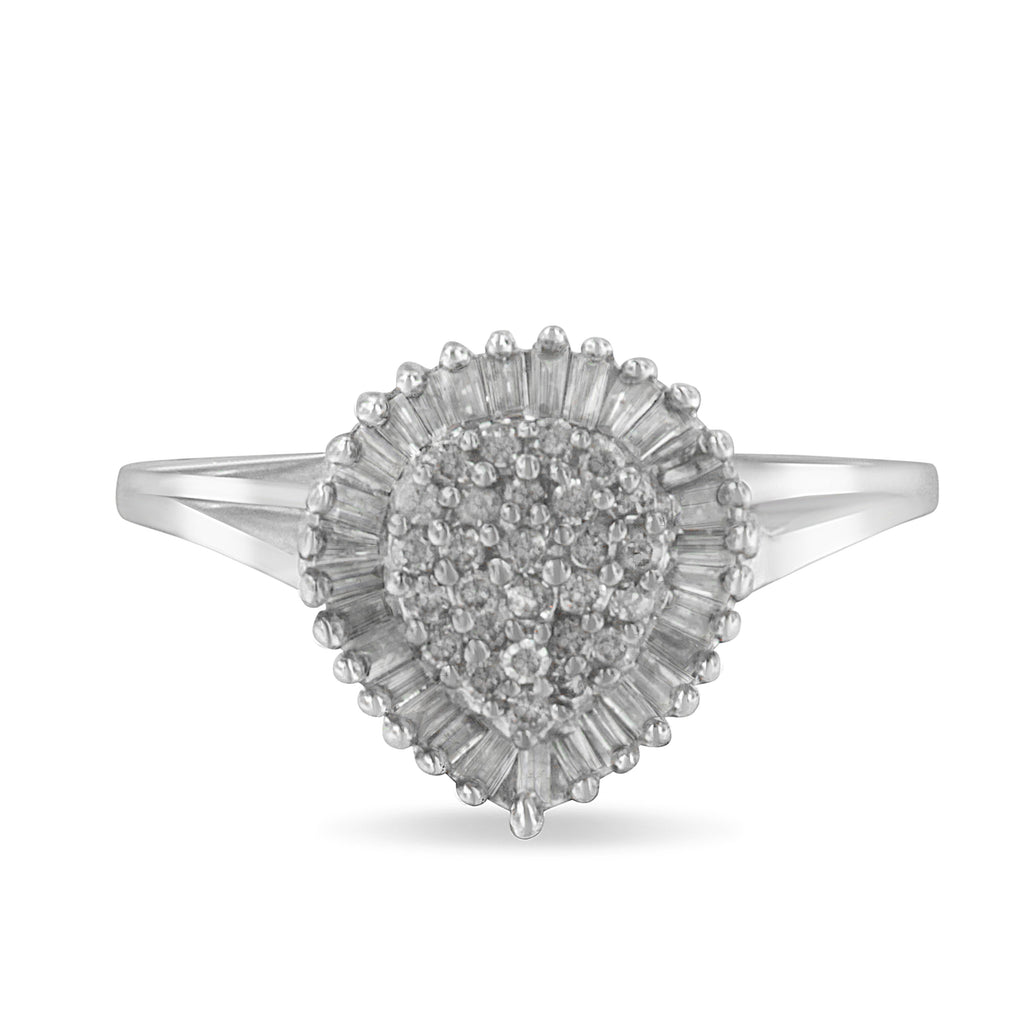 10K White Gold 1/2 Cttw Round & Baguette Cut Diamond Pear Shaped Domed PavÃ© Cluster with Halo Cocktail Ring (H-I Color, SI1-SI2 Clarity) - Size 5