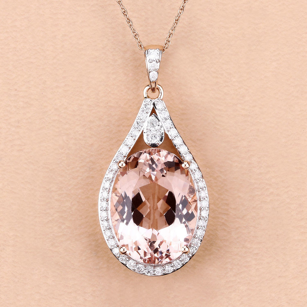 9.31 Carat Genuine Morganite and White Diamond 14K Rose Gold Pendant