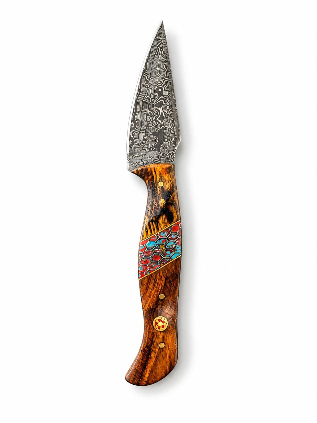 Titan "Painted Mesa" Damascus Hunting Knife | Cocobolo Rosewood & Turquoise Mosaic Handle | Hand-Tooled Leather Sheath TK-514