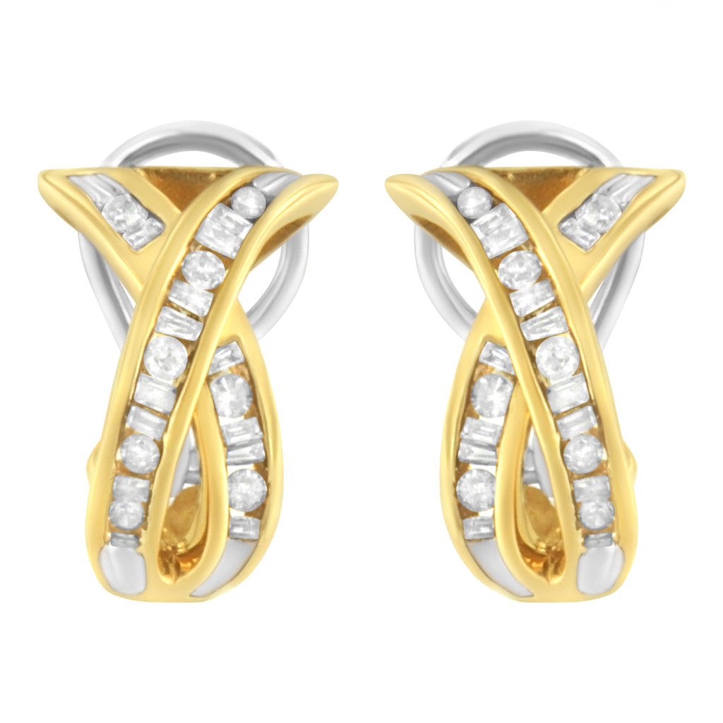 14K Yellow and White Gold 1/2 TDW "X" Shape Cross Over Diamond Hoop Earrings (I-J, I2-I3)