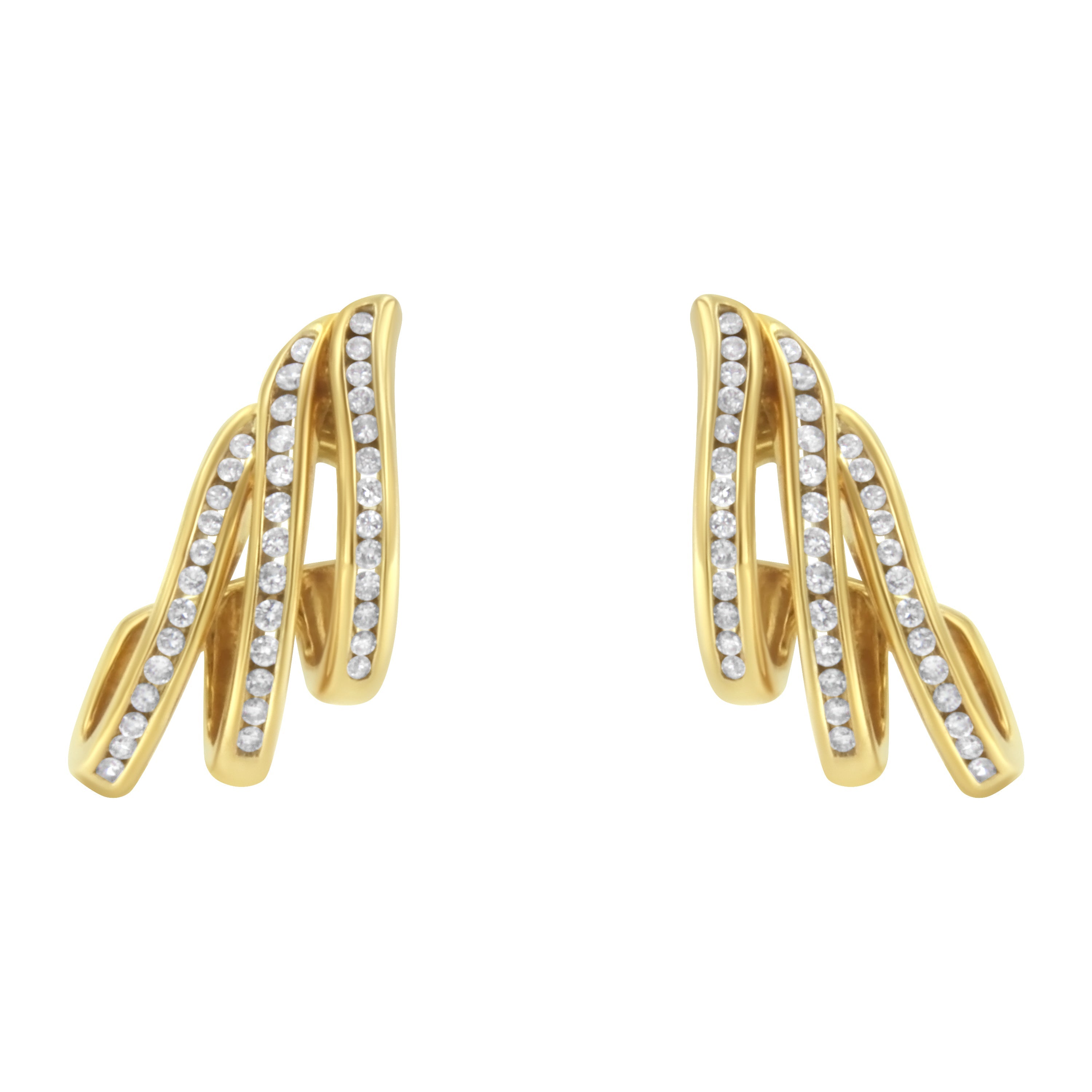 10K Yellow Gold 1.0 Cttw Round Brilliant Cut Diamond Spiral Multi Row Channel Set Open Hoop Pushback Stud Earrings (H-I Color, I1-I2 Clarity)