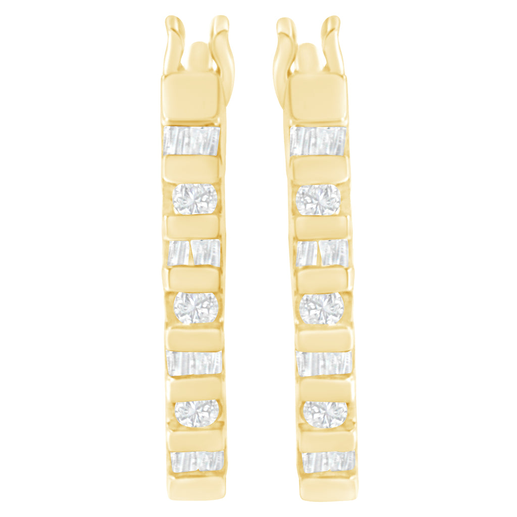 10K Yellow Gold Round and Baguette Cut Diamond Oblong Hinged Leverback Hoop Earrings (Â¼ Cttw, I-J Color, I2-I3 Clarity)