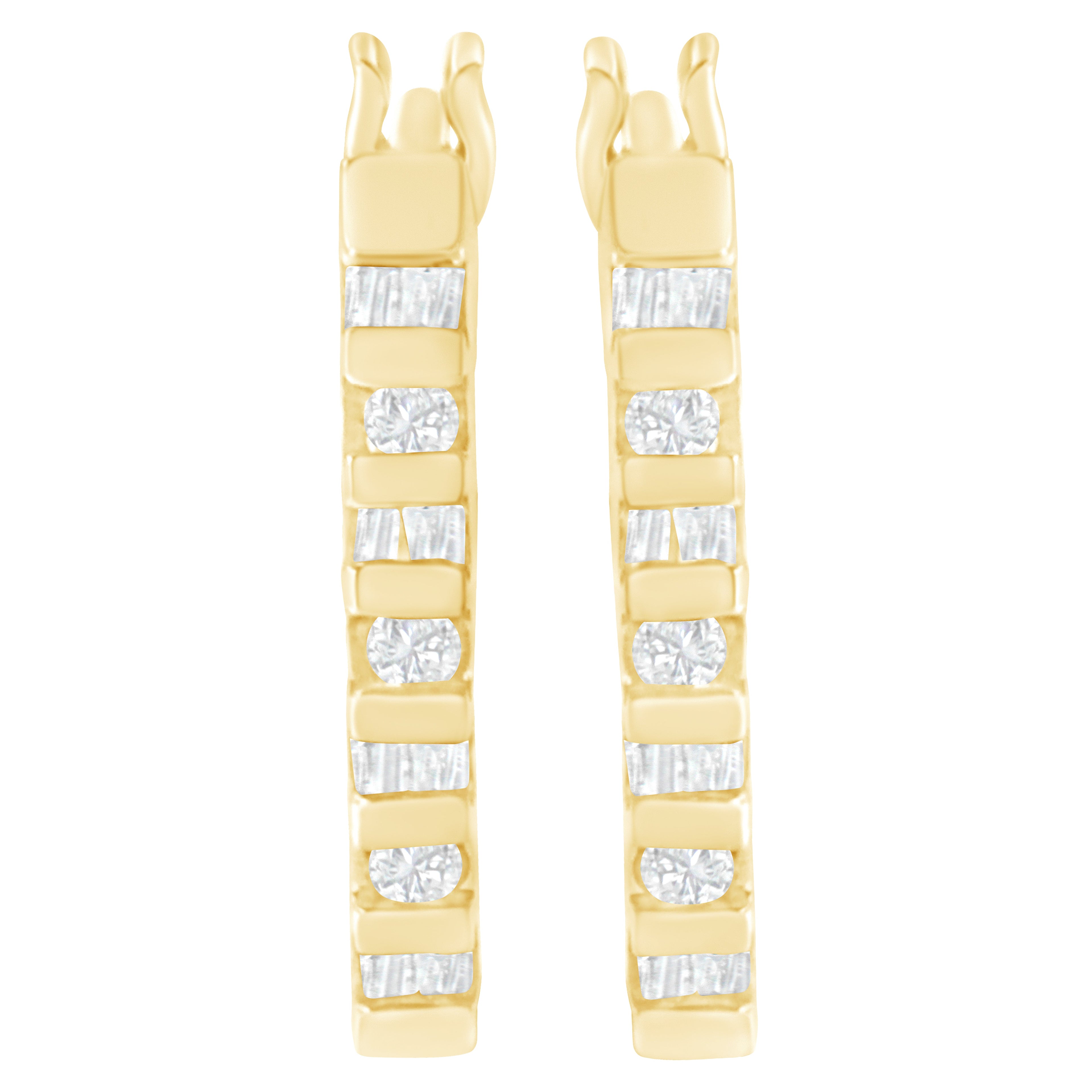 10K Yellow Gold Round and Baguette Cut Diamond Oblong Hinged Leverback Hoop Earrings (Â¼ Cttw, I-J Color, I2-I3 Clarity)