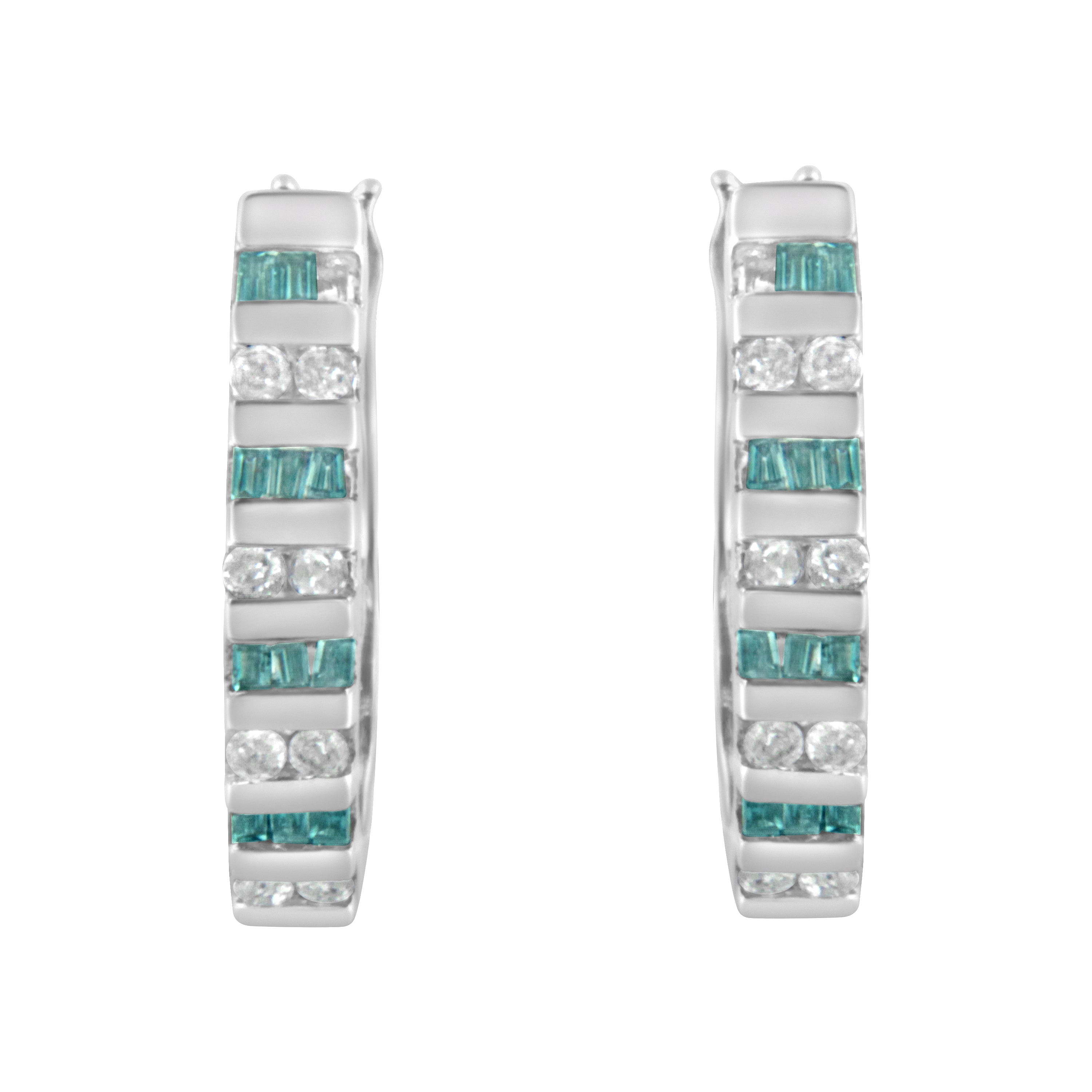 10k White Gold Round and Blue Baguette 1/2 cttw Diamond Hoop Earrings (I-J Color, I2-I3 Clarity)
