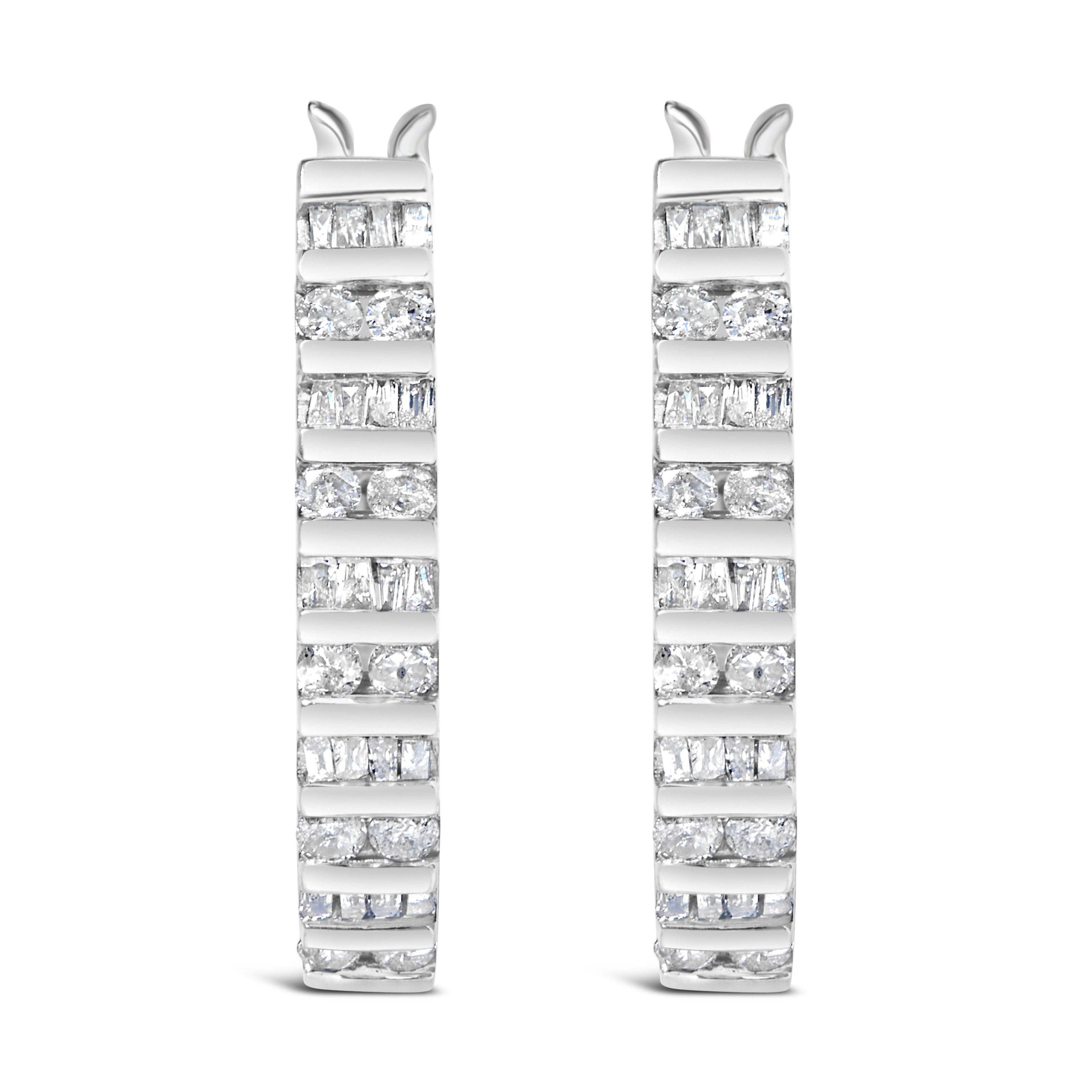 10K White Gold 1.0 Cttw Alternating  Diamond "U" Hoop Earrings (I-J Color, I2-I3 Clarity)