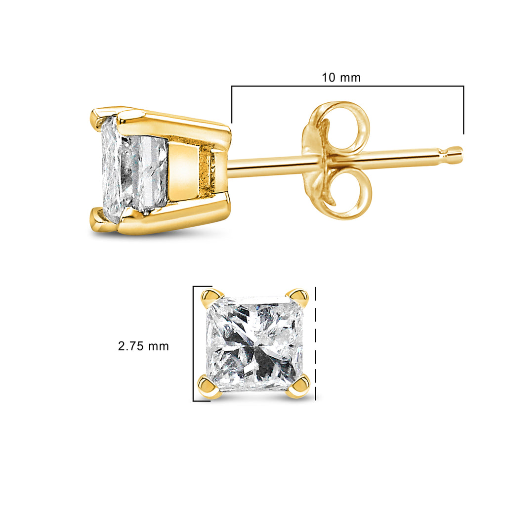 AGS Certified 14k Yellow Gold 1/4 cttw 4-Prong Set Princess-Cut Solitaire Diamond Push Back Stud Earrings (F-G Color, SI2-I1 Clarity)