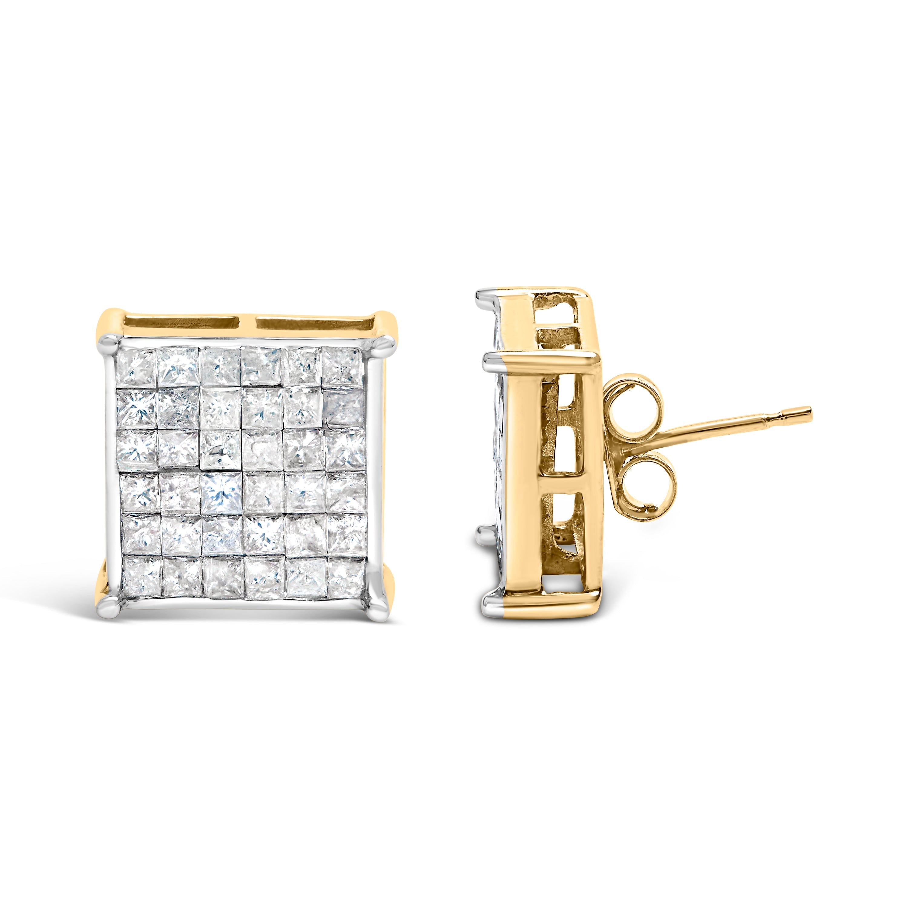 10K Yellow Gold 2.0 Cttw Invisible-Set Princess-Cut Diamond Stud Earrings