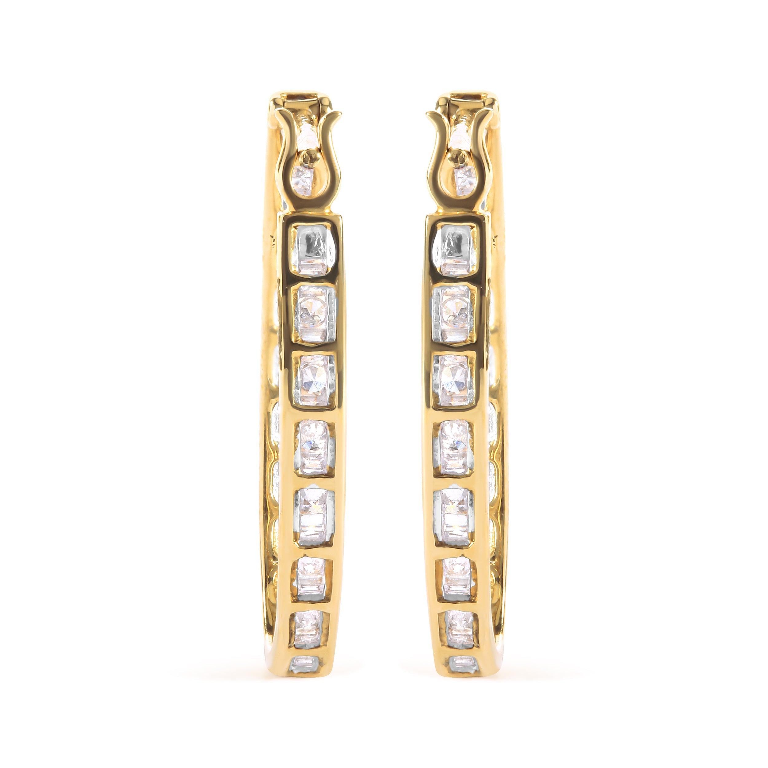 10K Yellow Gold 1.00 Cttw Round and Baguette-Cut Diamond U-Hoop Earrings (H-I Color, SI2-I1 Clarity)