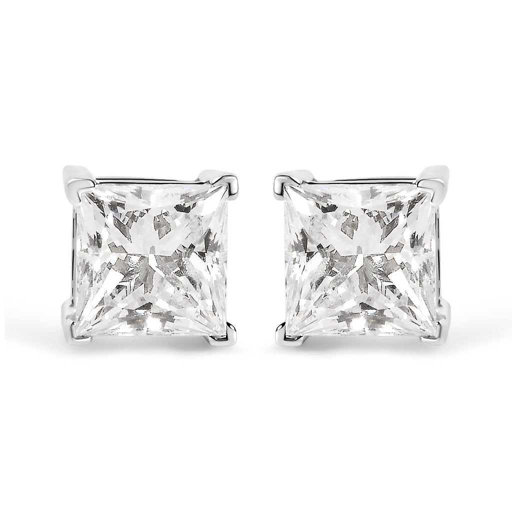 14K White Gold 1 1/2 Cttw Clarity Enhanced Princess Cut Diamond Solitaire Stud Earrings (I-J Color, I1-I2 Clarity)