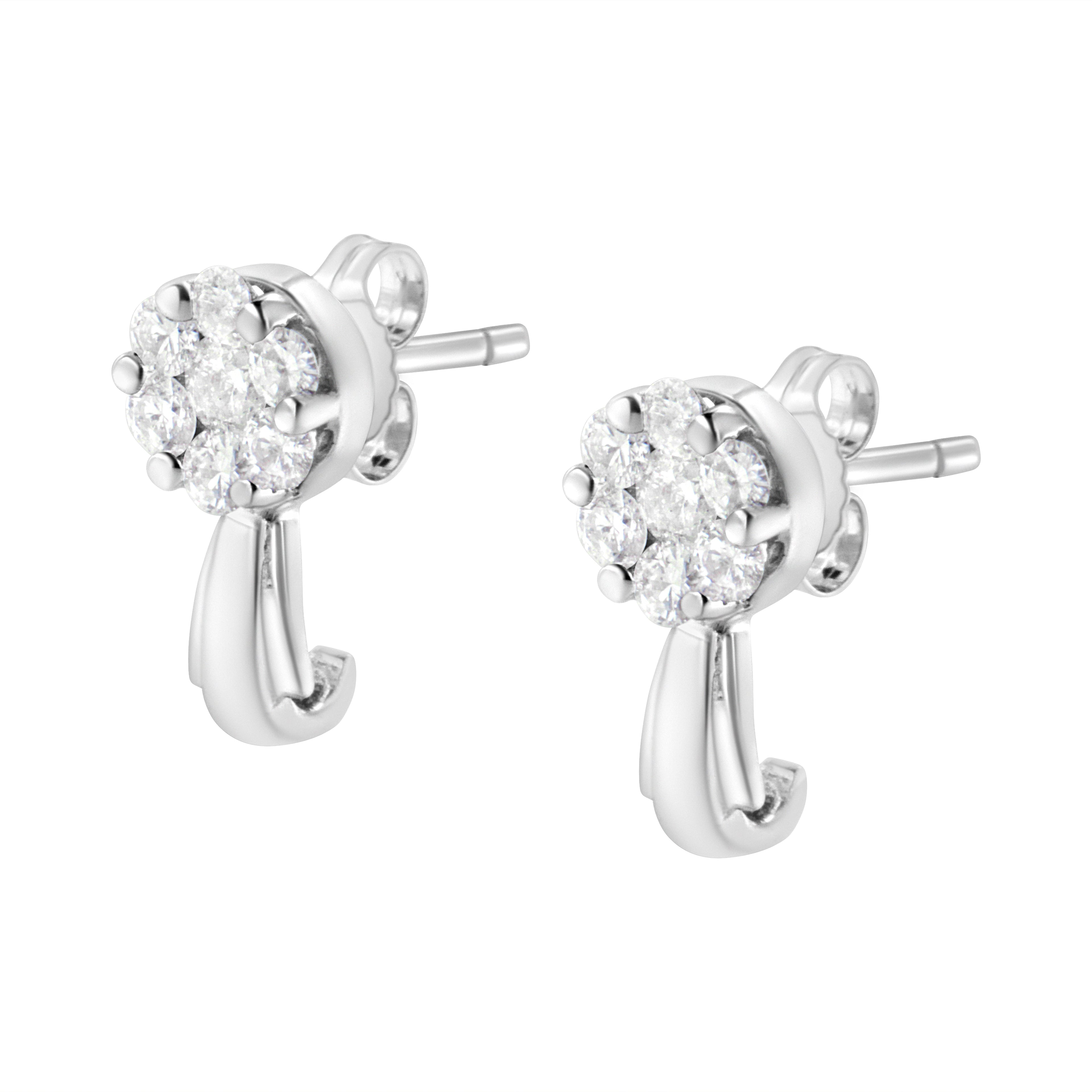 14K White Gold 3/4 Cttw Diamond Floral Cluster Drop and Dangle Stud Earrings (H-I Color, I1-I2 Clarity)