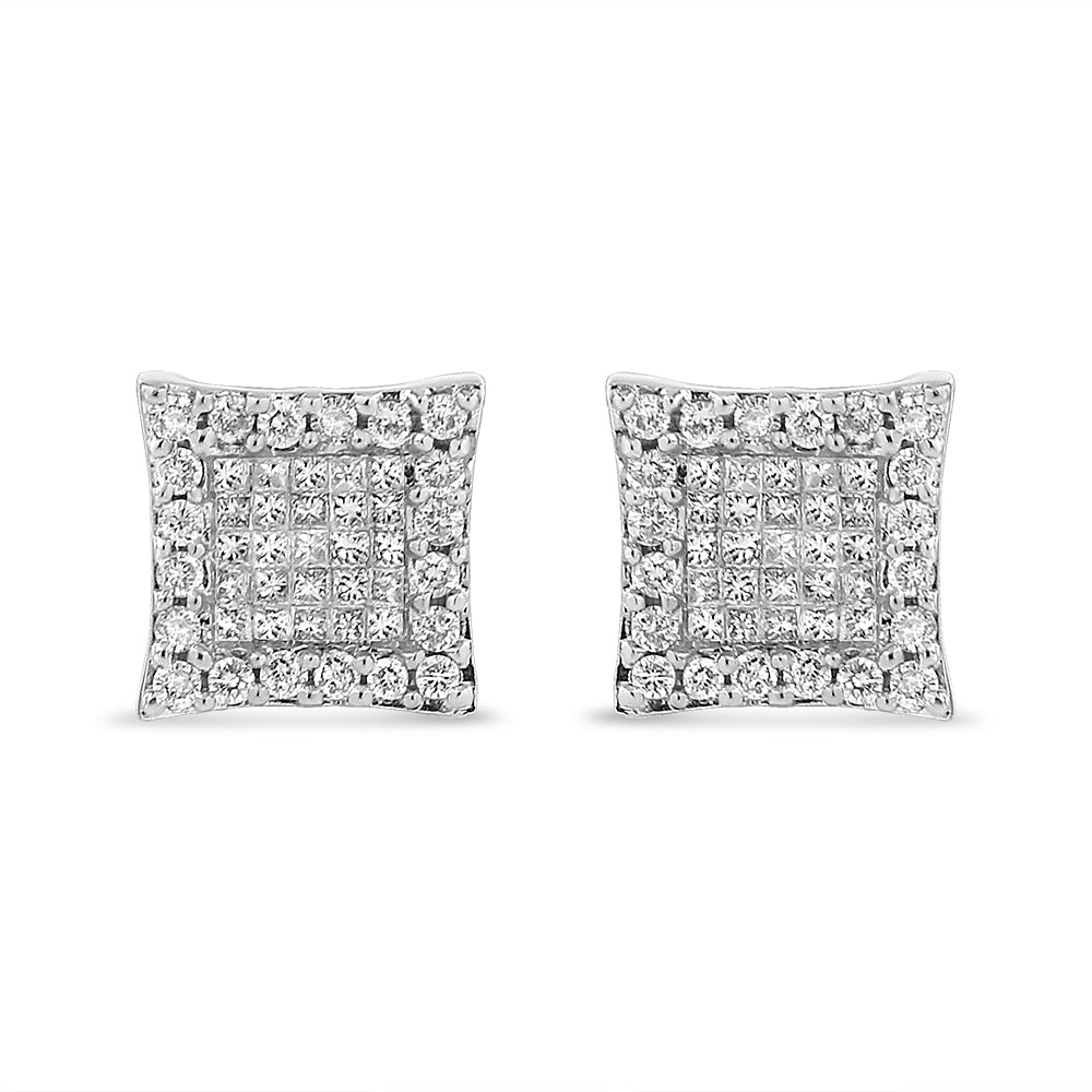 18K White Gold 1.00 Cttw Round and Princess-Cut Diamond Halo Square Stud Earring (G-H Color, SI1-SI2 Clarity)