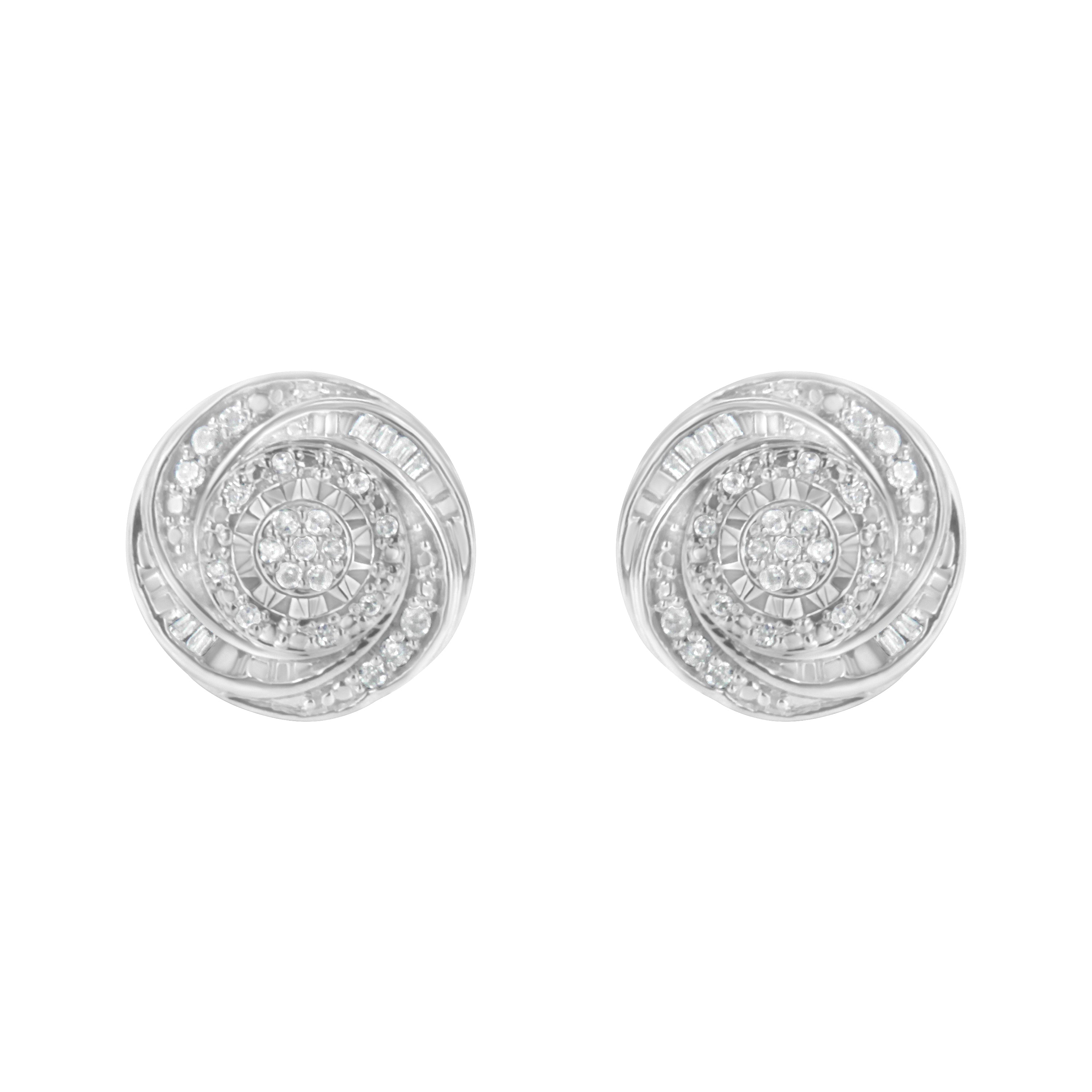 .925 Sterling Silver 1/4 Cttw Baguette and Round Diamond Swirl Love Knot Stud Earrings (I-J Color, I3 Clarity)