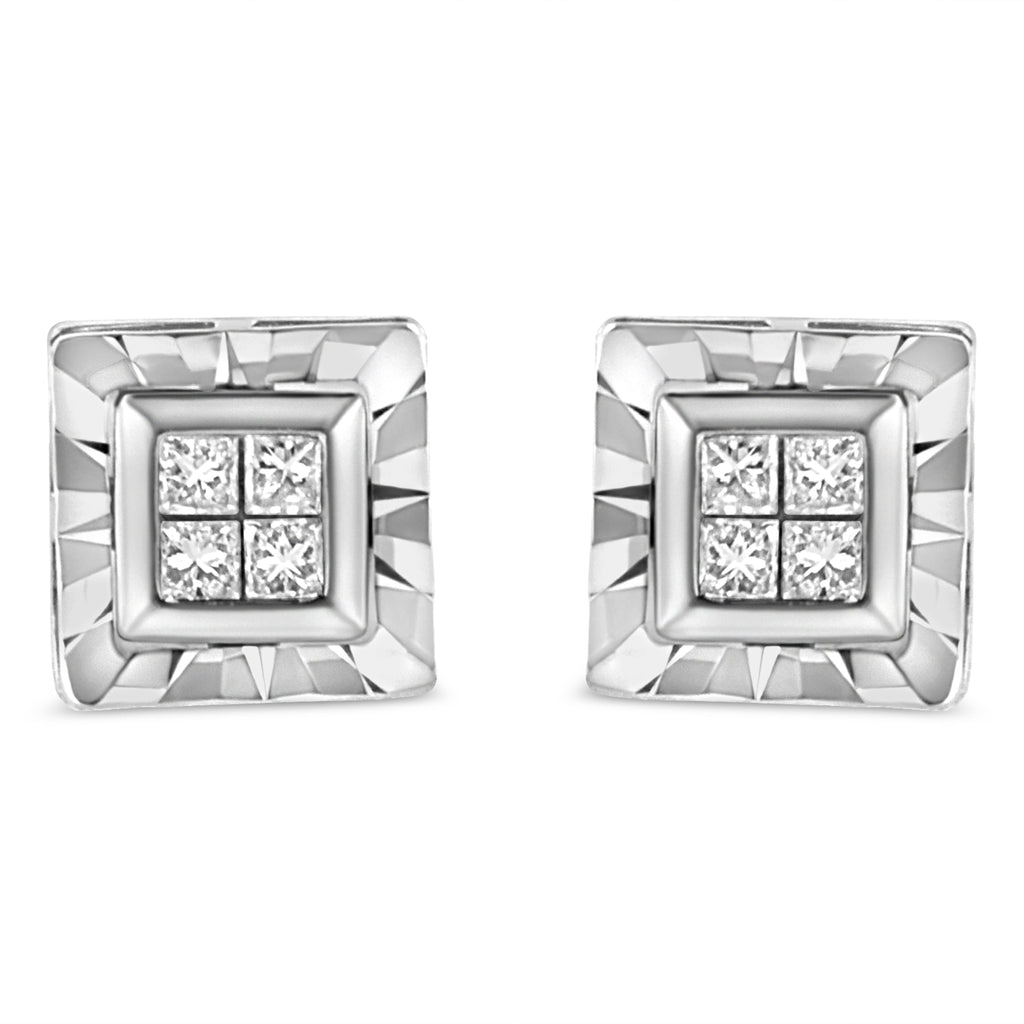 .925 Sterling Silver 1/6 Cttw Invisible Set Princess-Cut Diamond Quad Composite Stud Earrings (H-I Color, I1-I2 Clarity)