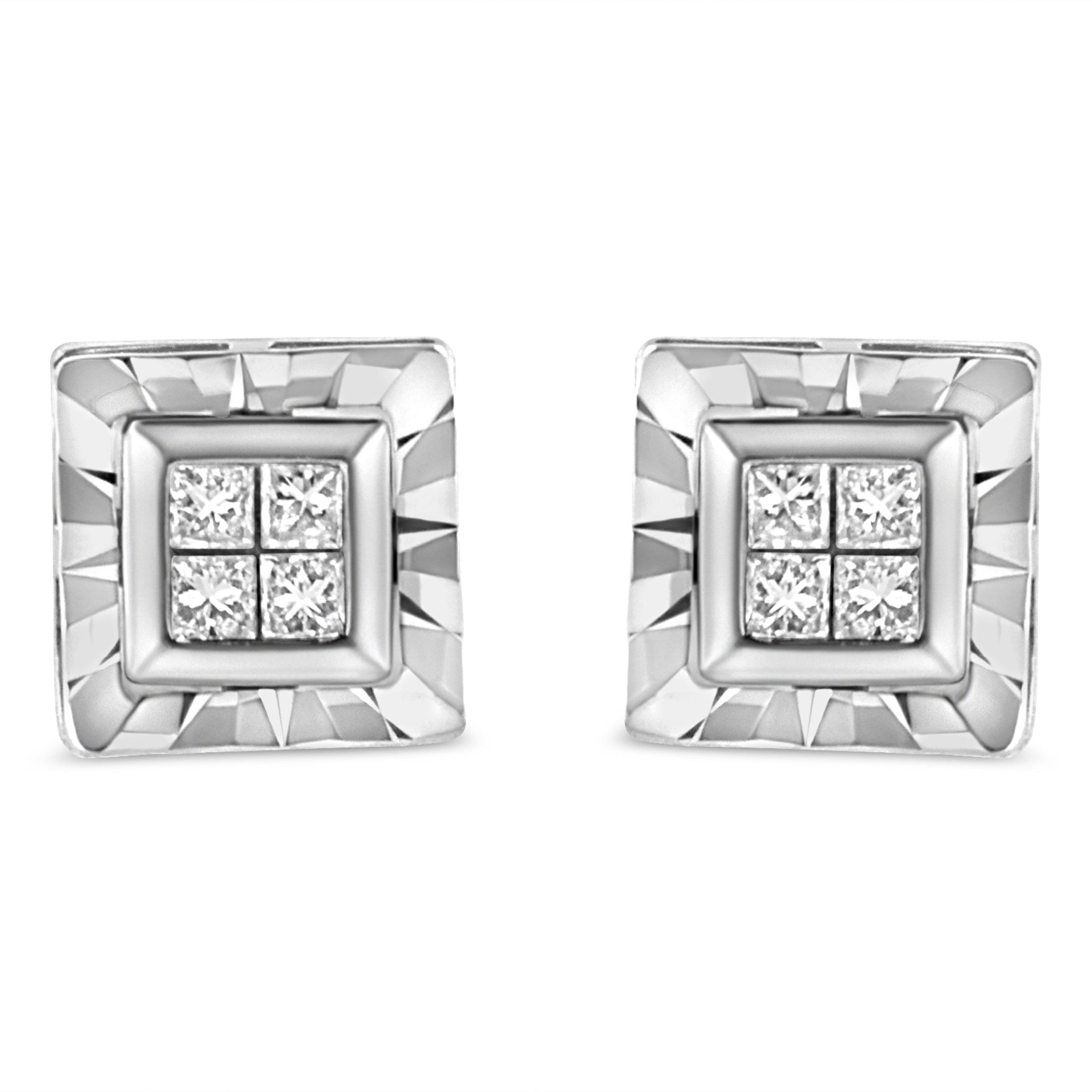 .925 Sterling Silver 1/6 Cttw Invisible Set Princess-Cut Diamond Quad Composite Stud Earrings (H-I Color, I1-I2 Clarity)