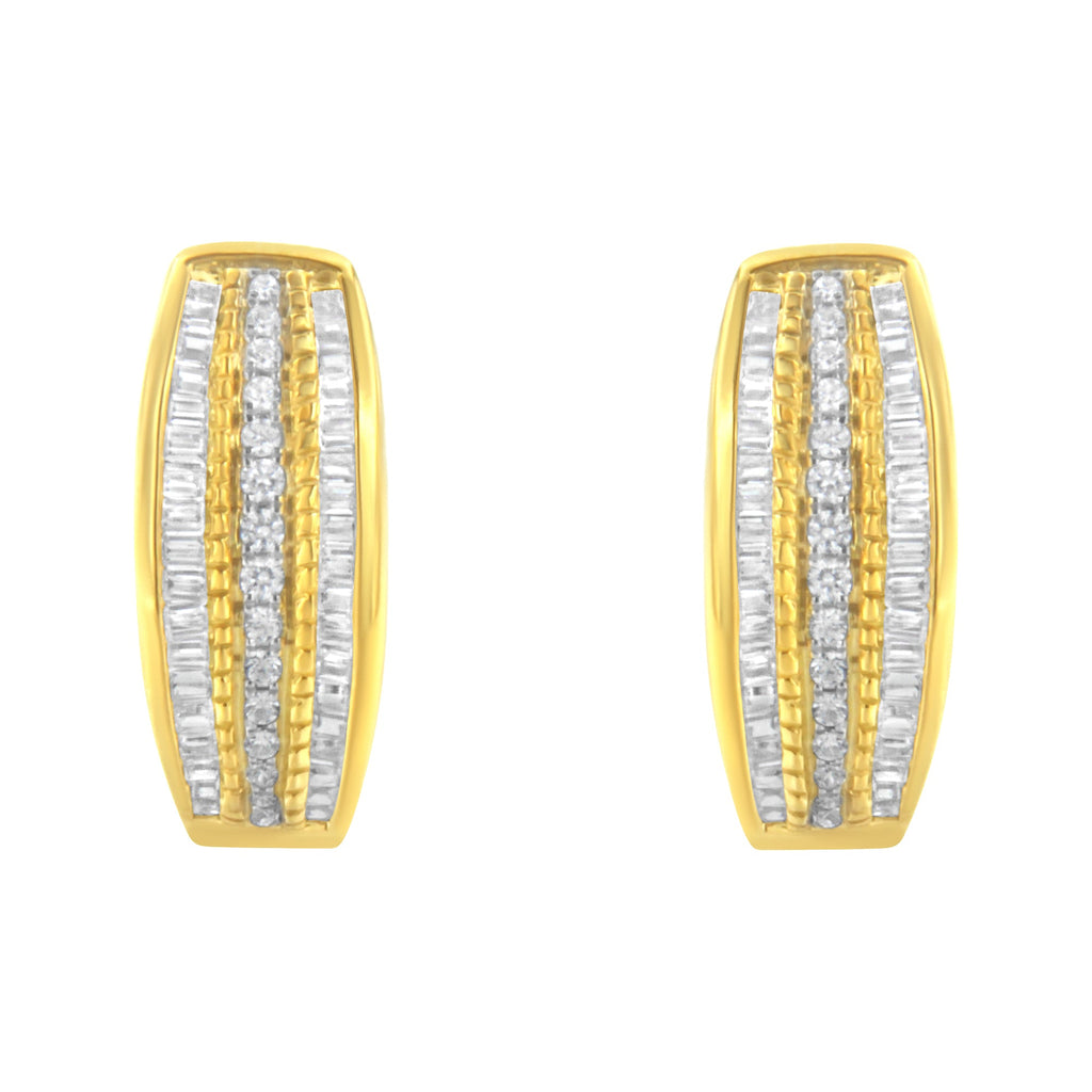 10K Yellow Gold 3/4 Cttw Pave and Channel Set Diamond Triple Row Modern Hoop Earrings (I-J Color, I2-I3 Clarity)