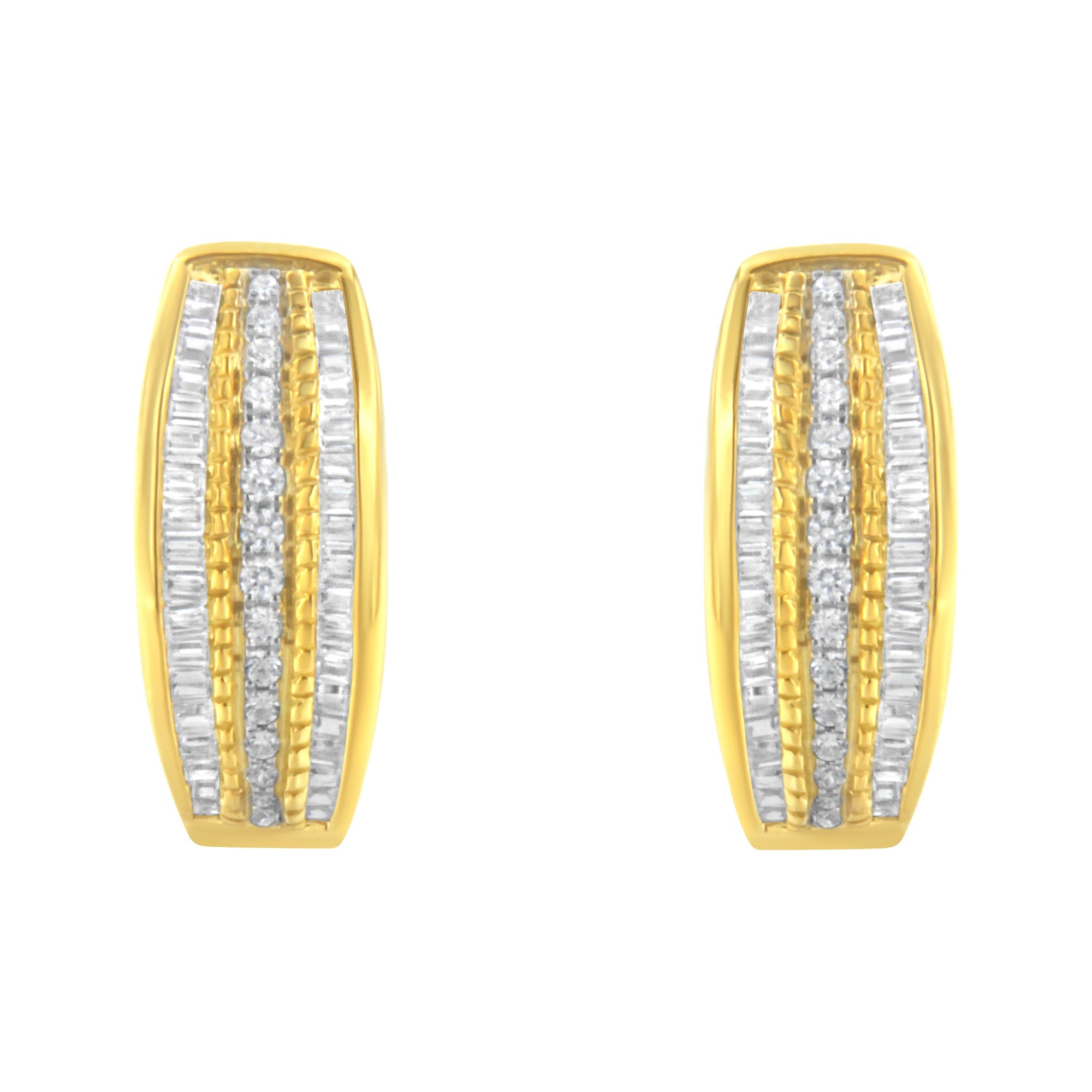 10K Yellow Gold 3/4 Cttw Pave and Channel Set Diamond Triple Row Modern Hoop Earrings (I-J Color, I2-I3 Clarity)