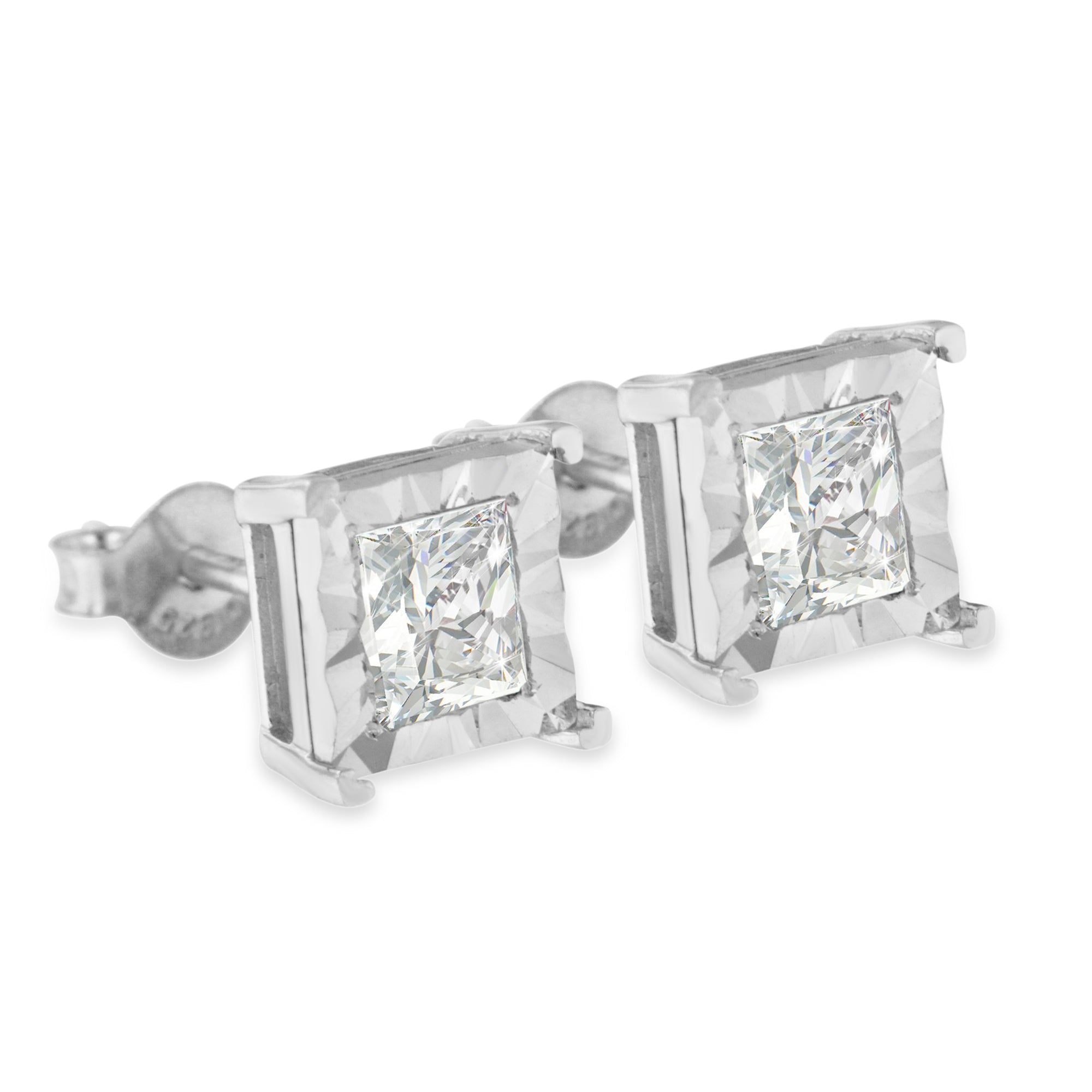 .925 Sterling Silver 1.0 Cttw Miracle Set Princess-cut Diamond Solitaire Stud Earrings (H-I Color, I2-I3 Clarity)