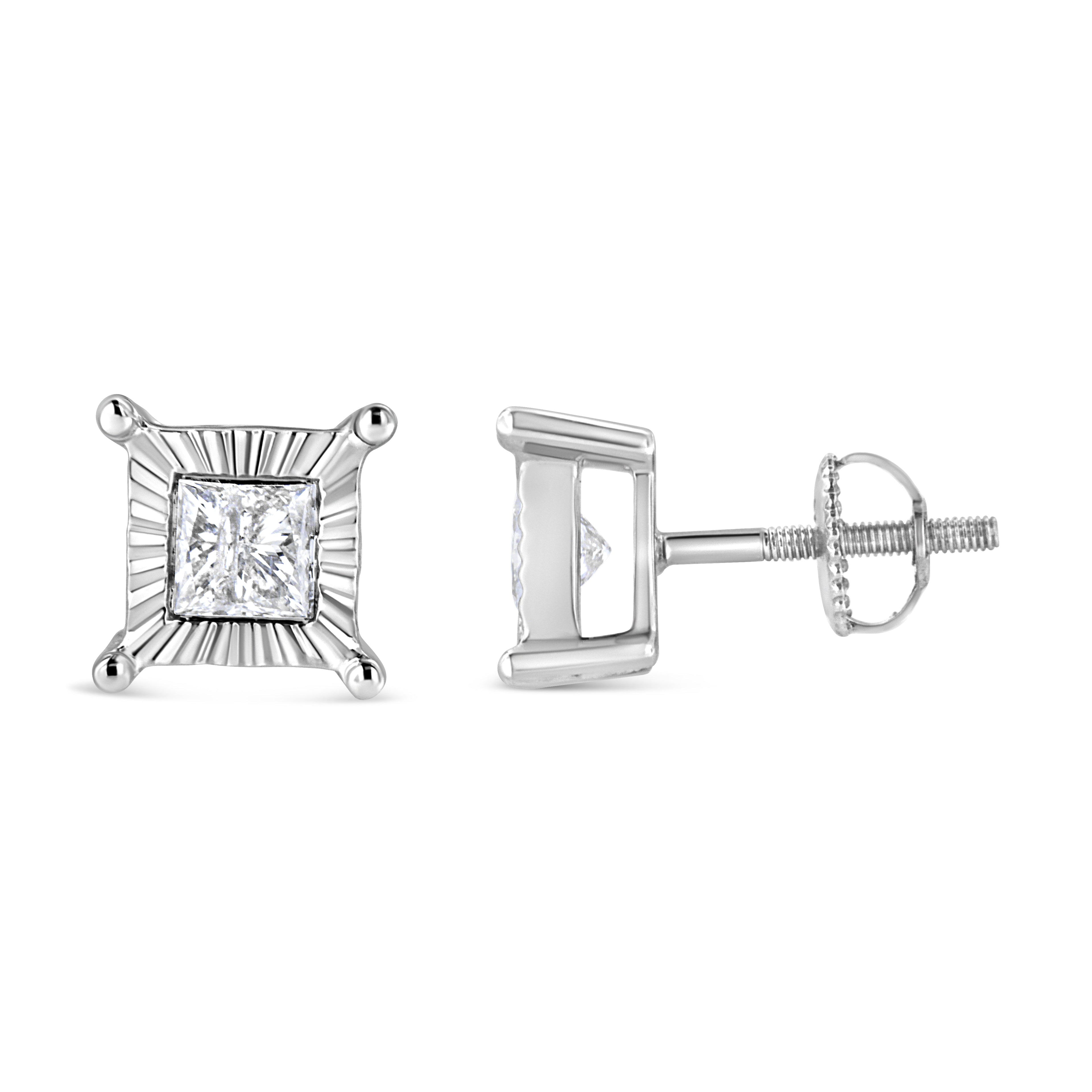 .925 Sterling Silver 1.0 Cttw Miracle Set Princess-cut Diamond Solitaire Stud Earrings (H-I Color, I2-I3 Clarity)
