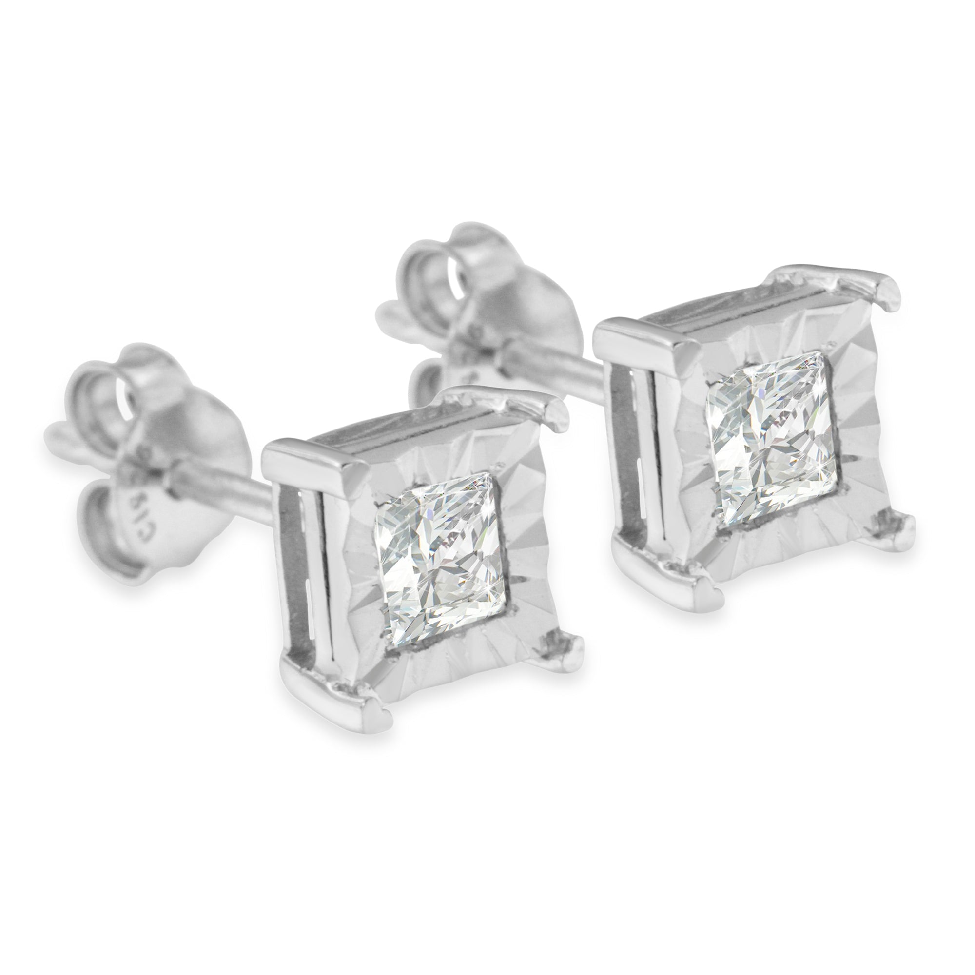 .925 Sterling Silver 1/2 Cttw Miracle Set Princess-cut Diamond Solitaire Stud Earrings (H-I Color, SI2-I1 Clarity)