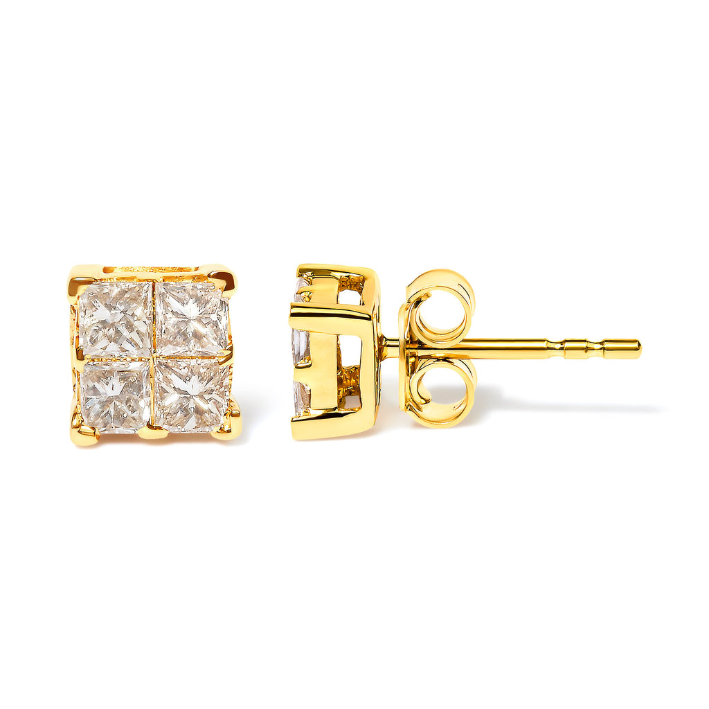 10K Yellow Gold 3/4 Cttw Invisible Set Princess-Cut Diamond Composite Square Stud Earrings (I-J Color, I2-I3 Clarity)