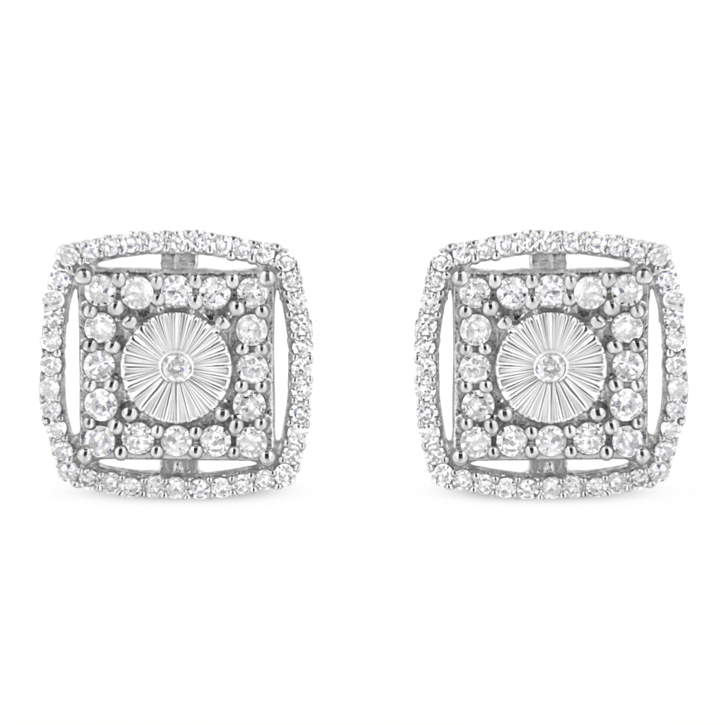 .925 Sterling Silver 1.0 Cttw Round Diamond Double Halo and Disc Stud Earring (I-J Color, I2-I3 Clarity)