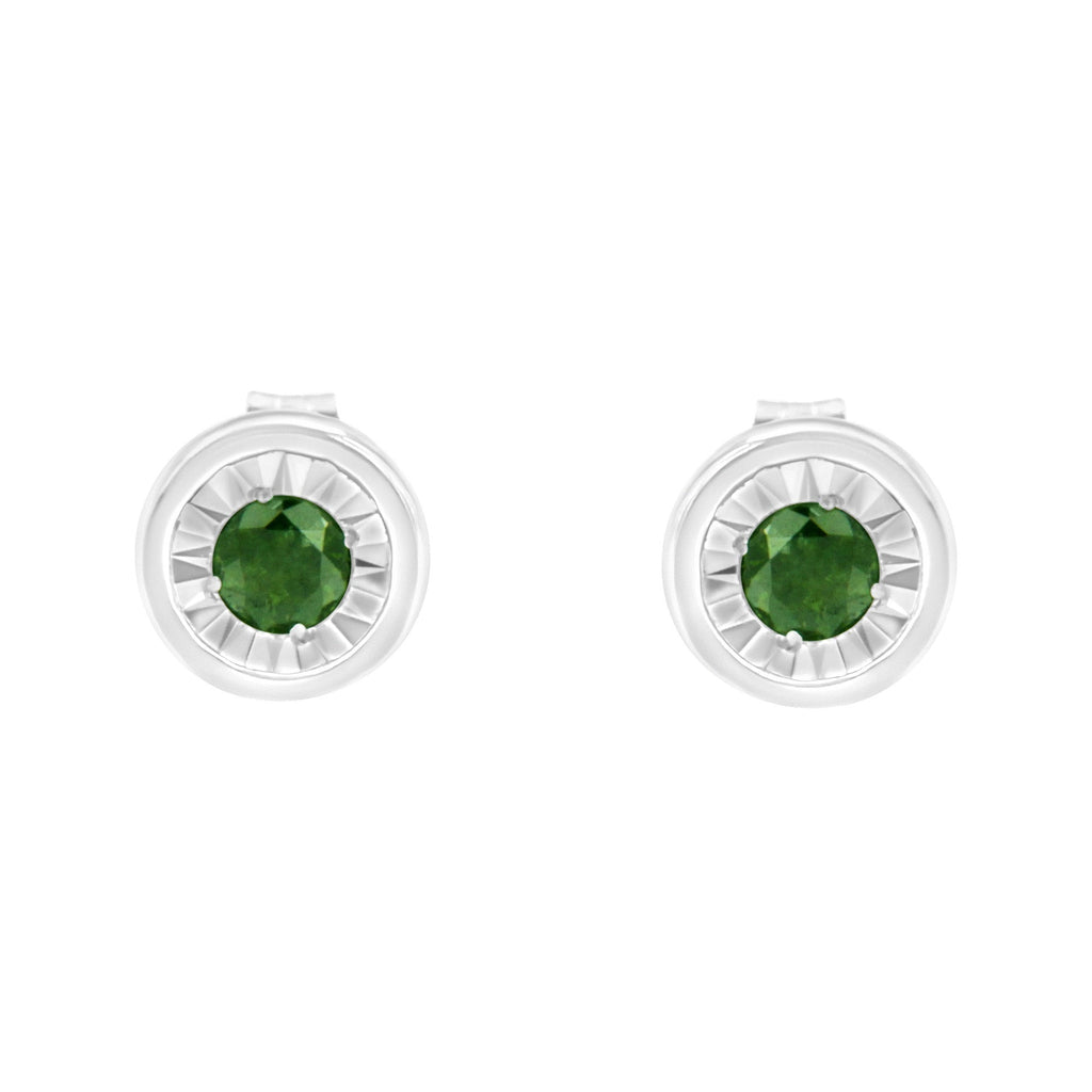.925 Sterling Silver 1/4 Cttw Round Brilliant-Cut Green Diamond Miracle-Set Stud Earrings (Fancy Color-Enhanced, I1-I2 Clarity)