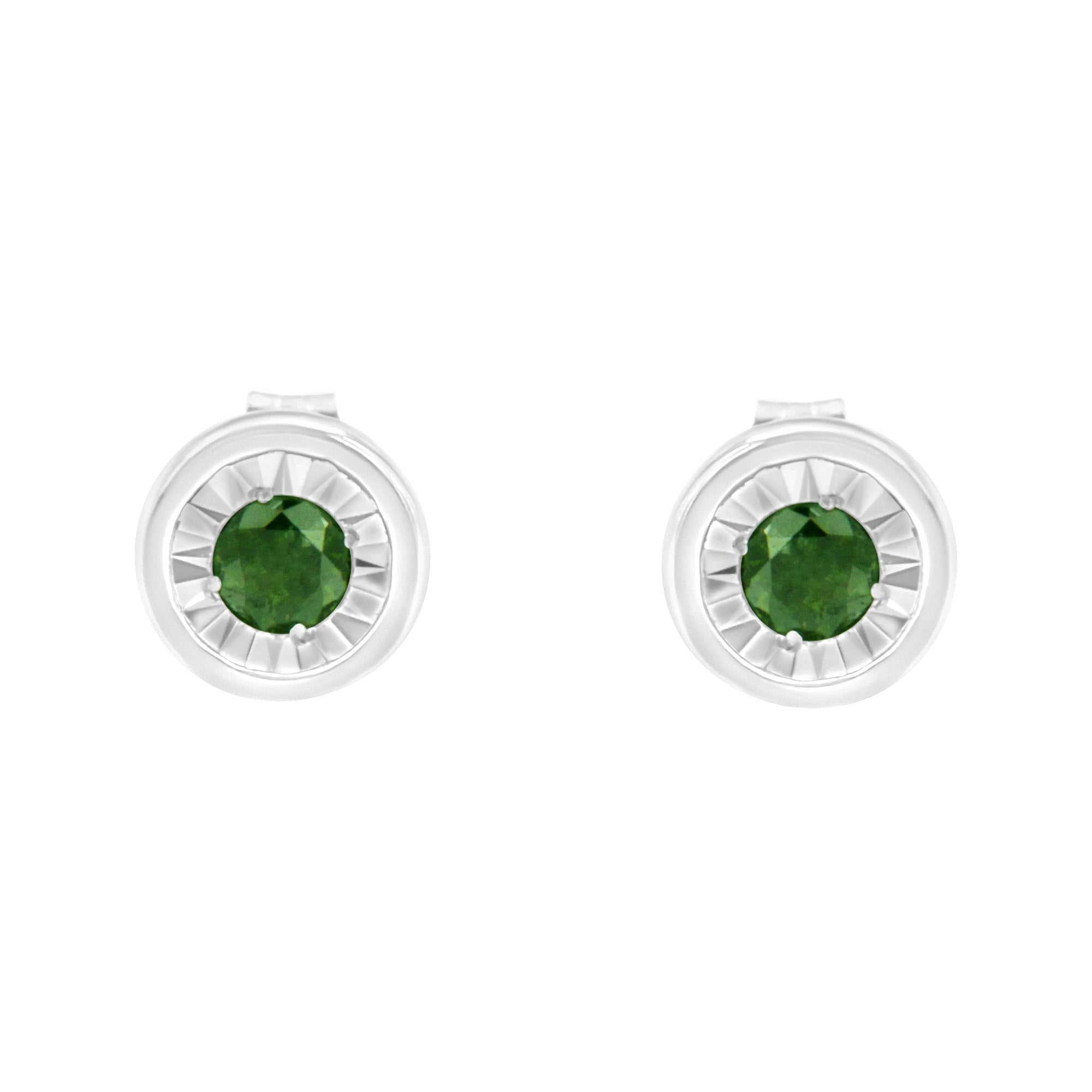 .925 Sterling Silver 1/4 Cttw Round Brilliant-Cut Green Diamond Miracle-Set Stud Earrings (Fancy Color-Enhanced, I1-I2 Clarity)