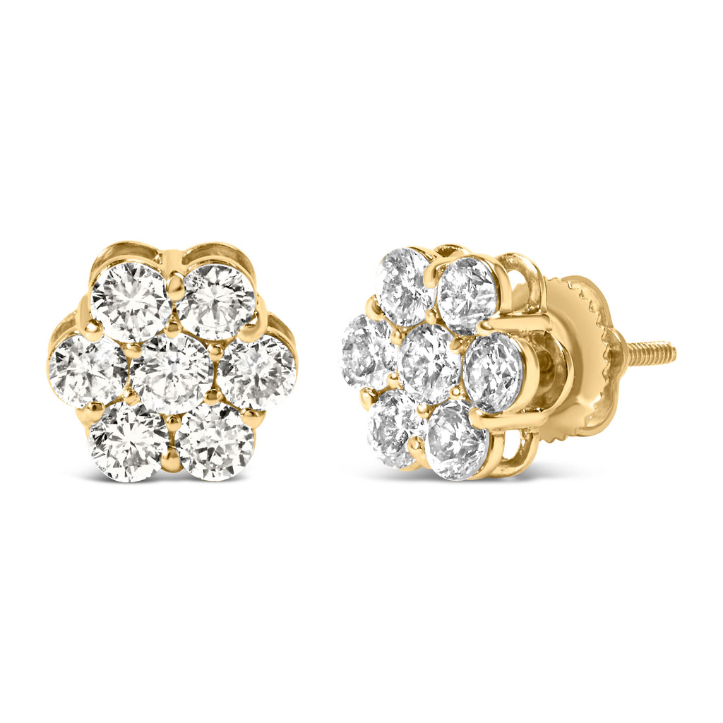 14K Yellow Gold 1 1/2 Cttw 7 Stone Floral Cluster Round Brilliant Cut Diamond Stud Earrings with Screw Backs (I-J Color, SI1-SI2 Clarity)
