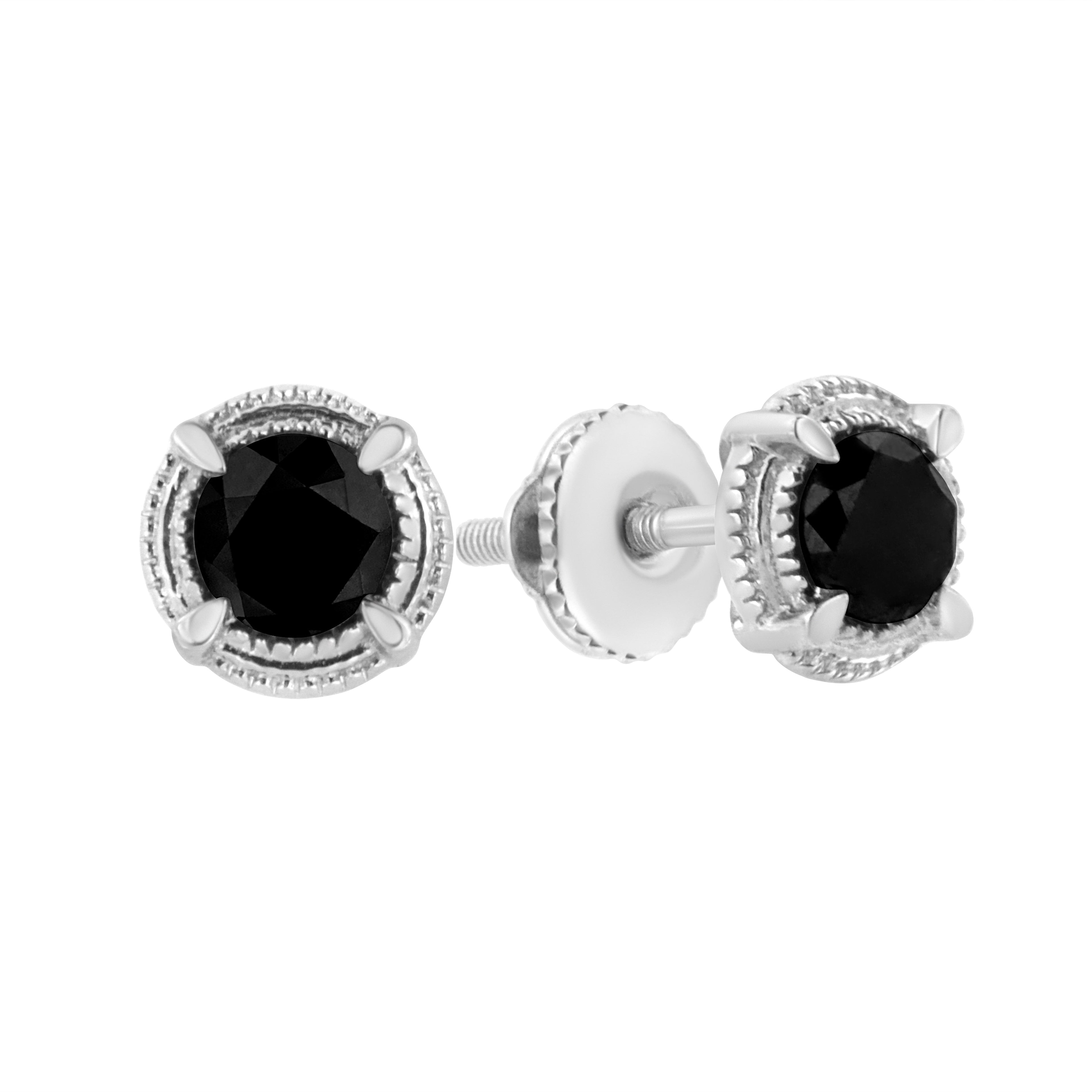 .925 Sterling Silver 1 cttw Treated Black Diamond Modern 4-Prong Solitaire Milgrain Stud Earrings (Black Color, I1-I2 Clarity)